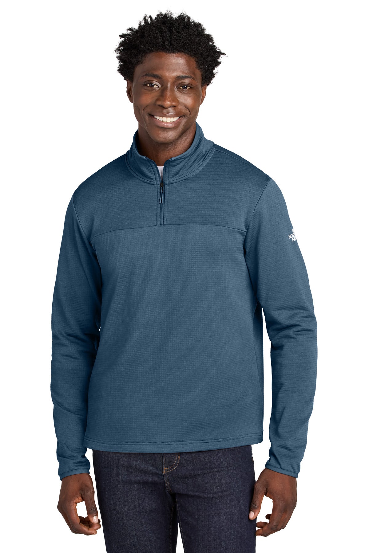Custom Shady Blue Aim 1/4-Zip Fleece NF0A8ENJ, personalized by SanCanDo Swag in Argyle, TX