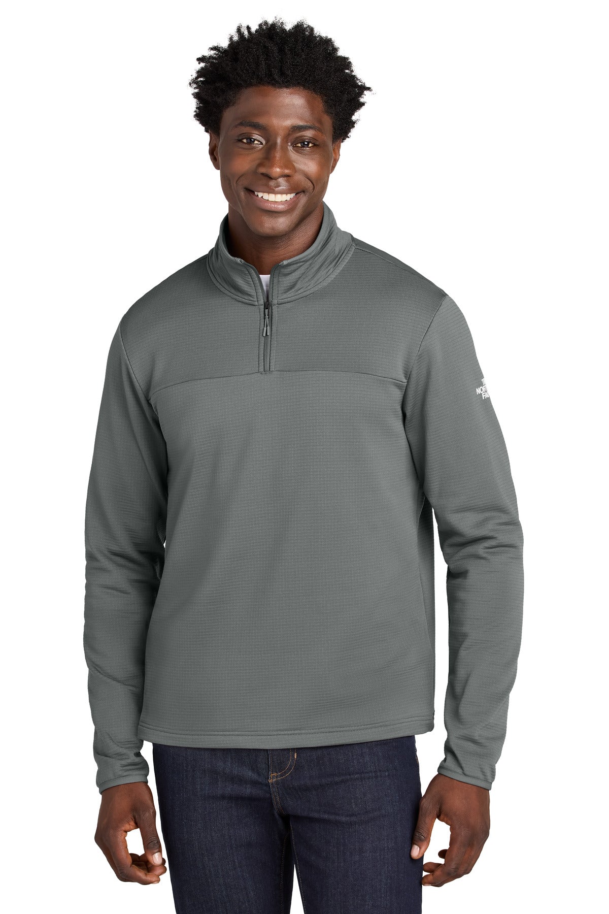 Custom Smoked Pearl Grey Aim 1/4-Zip Fleece NF0A8ENJ, personalized by SanCanDo Swag in Argyle, TX