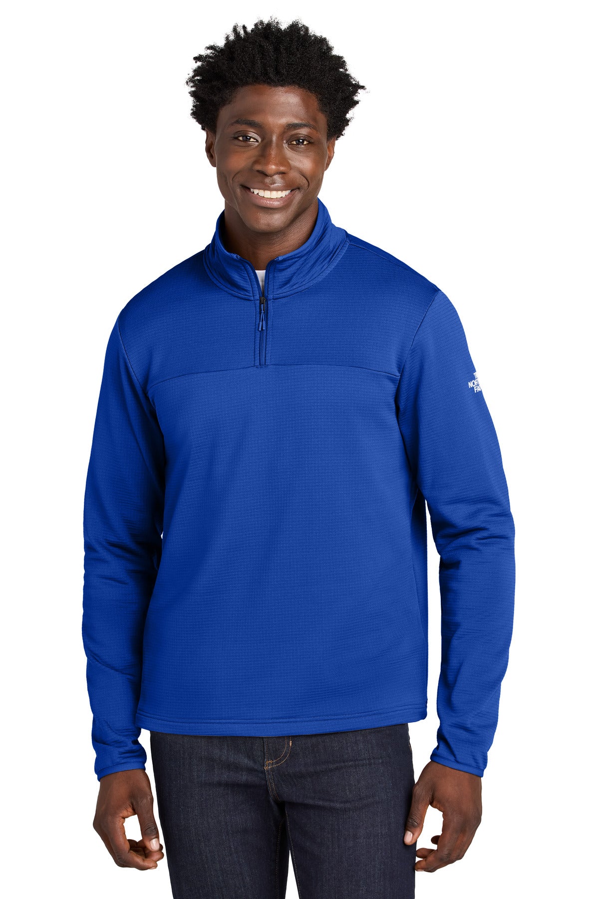 Custom TNF Blue Aim 1/4-Zip Fleece NF0A8ENJ, personalized by SanCanDo Swag in Argyle, TX