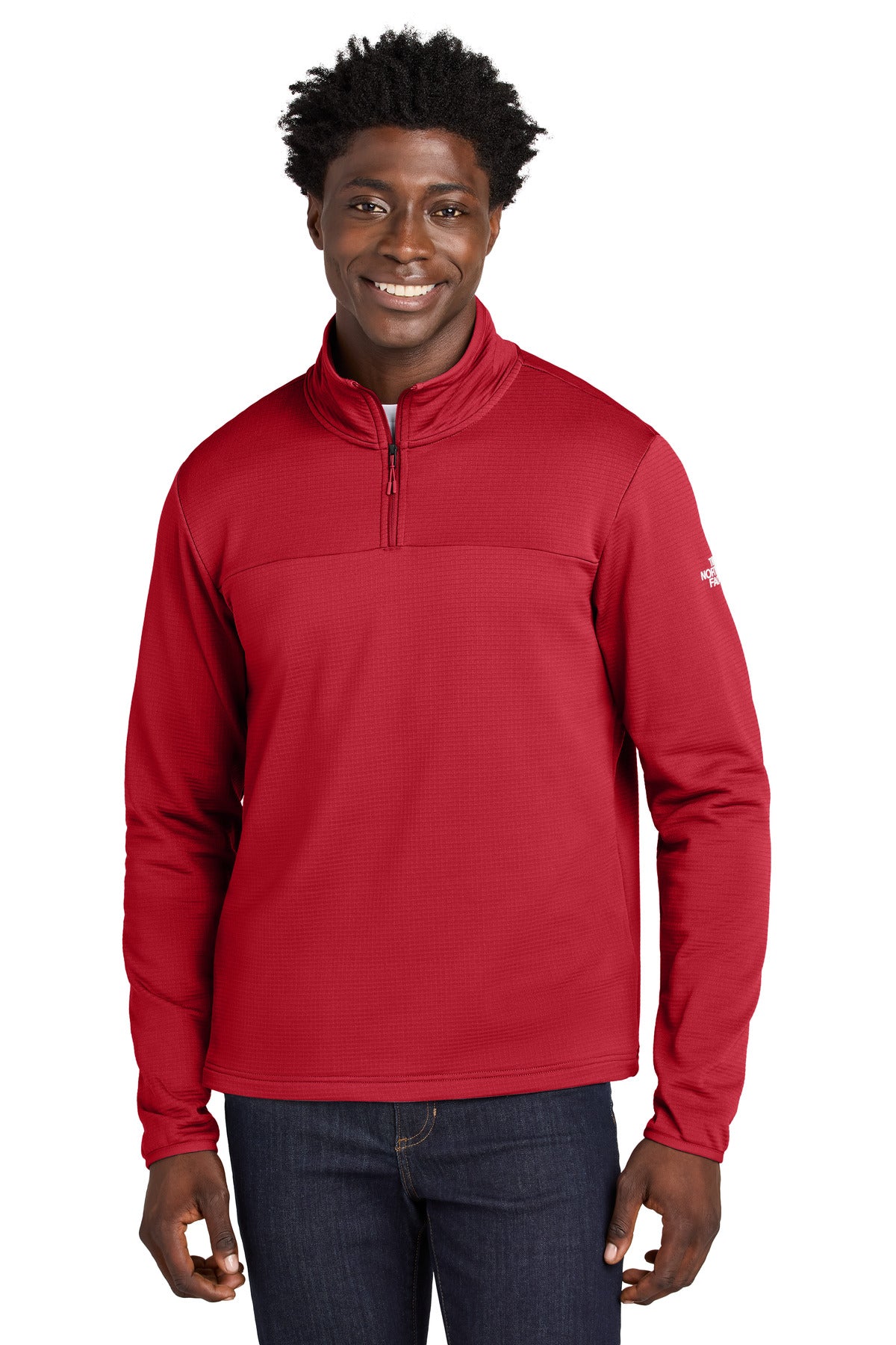 Custom TNF Red Aim 1/4-Zip Fleece NF0A8ENJ, personalized by SanCanDo Swag in Argyle, TX