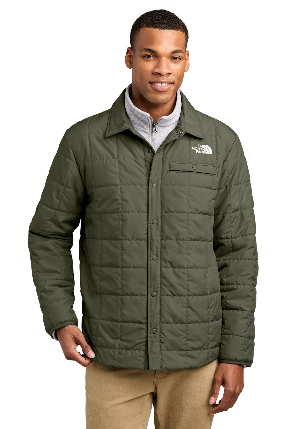 Custom New Taupe Green Iron Drift Quilted Shirt Jacket NF0A8JEX, personalized by SanCanDo Swag in Argyle, TX