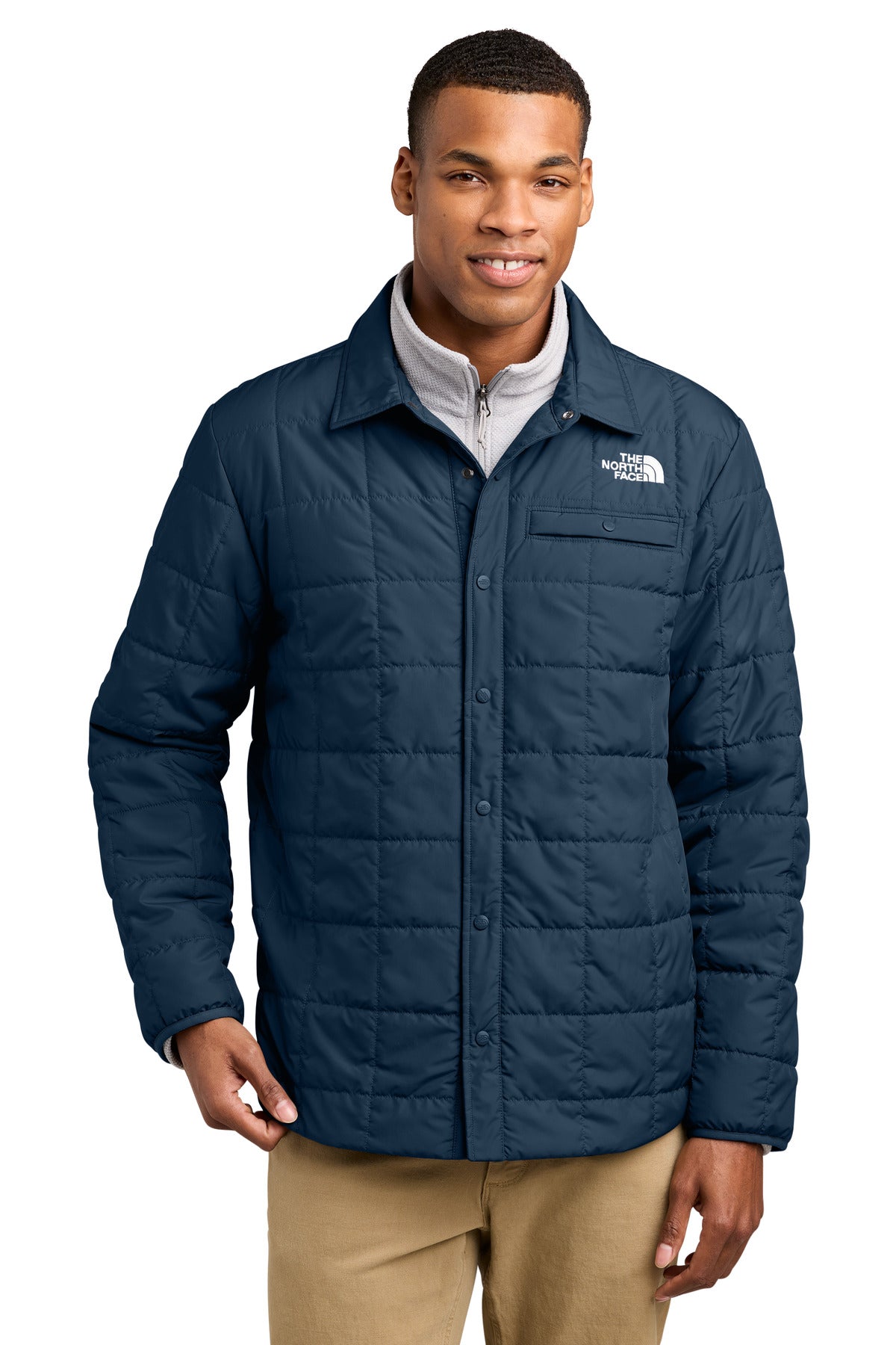 Custom Summit Navy Iron Drift Quilted Shirt Jacket NF0A8JEX, personalized by SanCanDo Swag in Argyle, TX