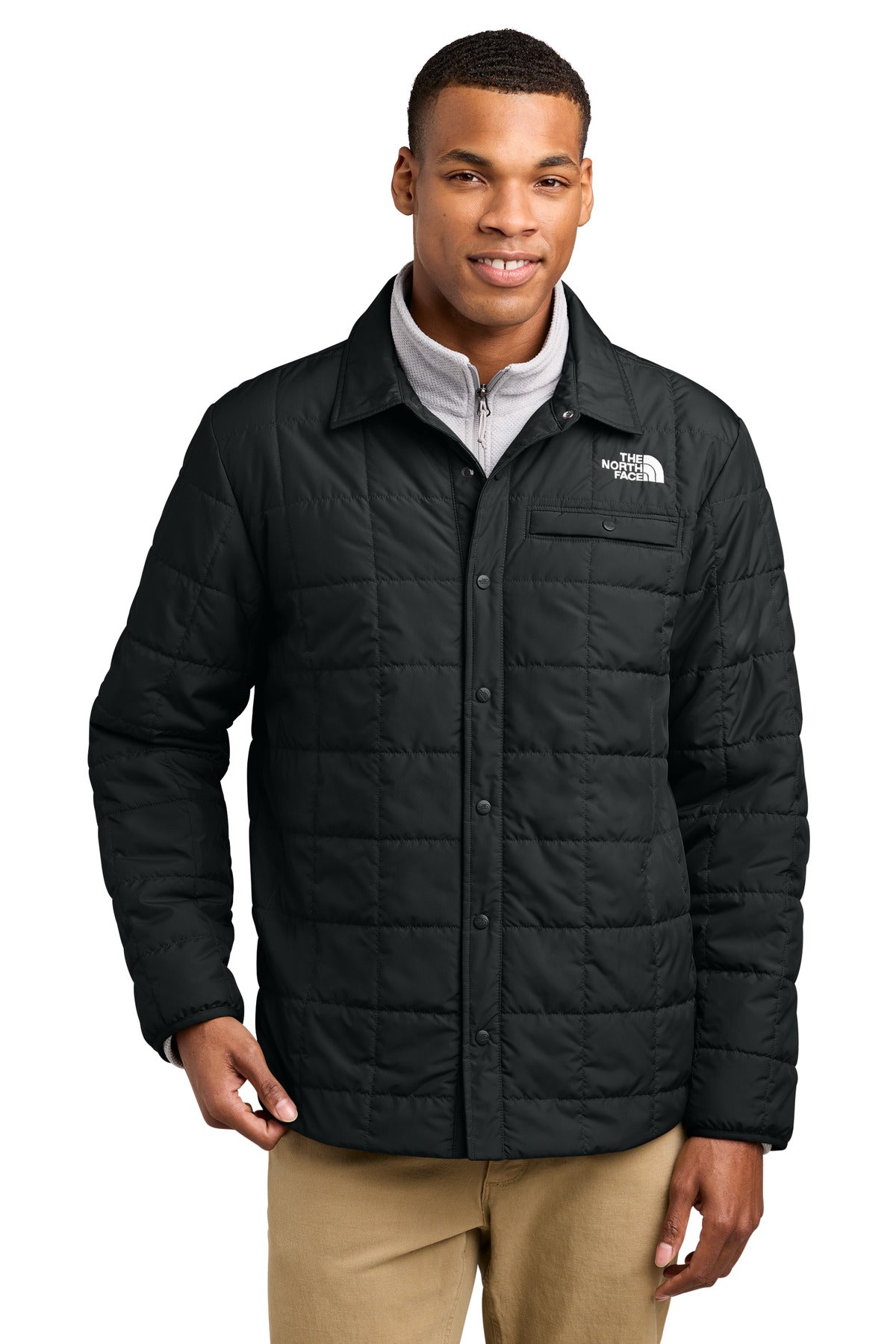 Custom TNF Black Iron Drift Quilted Shirt Jacket NF0A8JEX, personalized by SanCanDo Swag in Argyle, TX