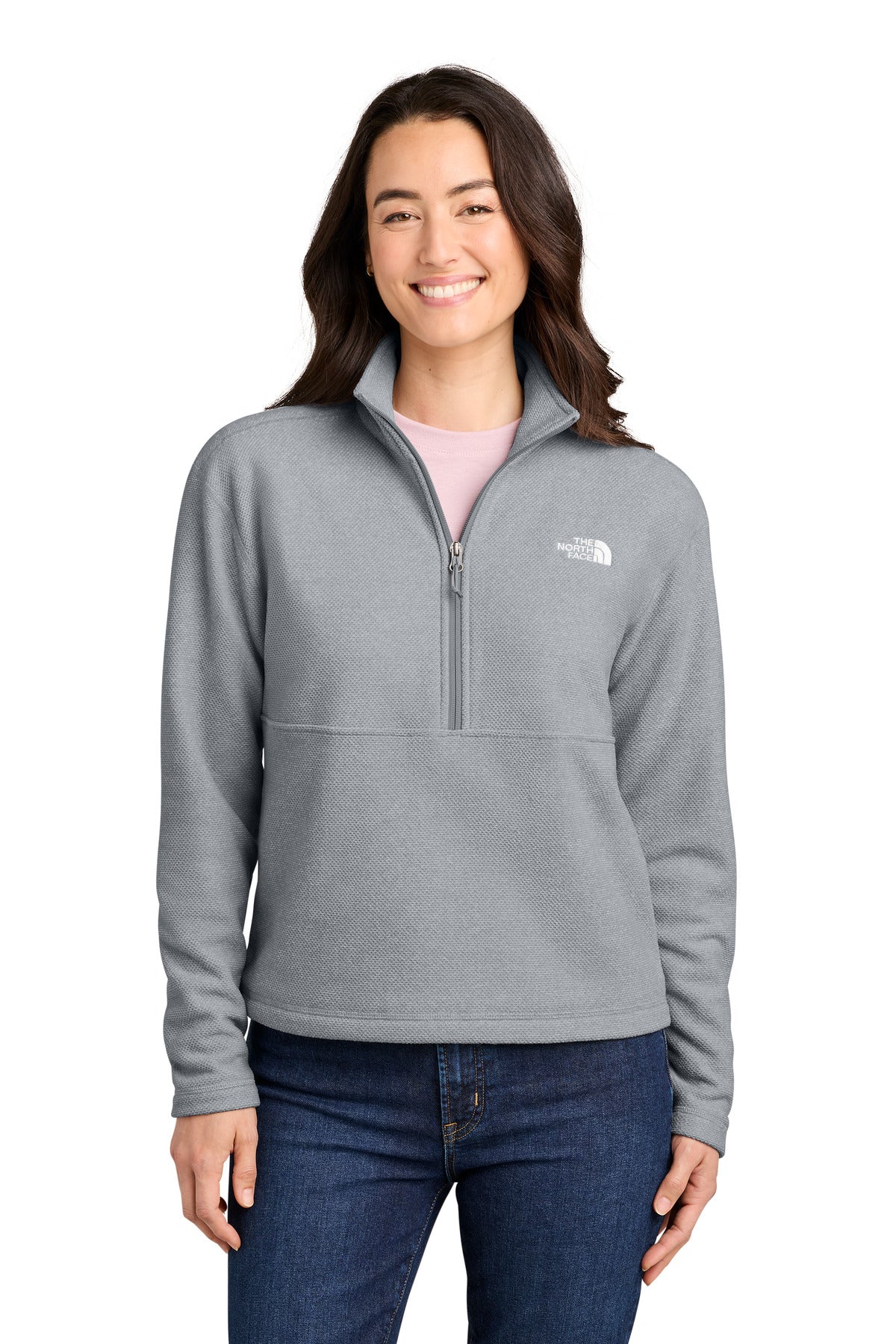 Custom TNF Light Grey Heather Women's Textured Pine Grove 1/2-Zip NF0A8JF7, personalized by SanCanDo Swag in Argyle, TX