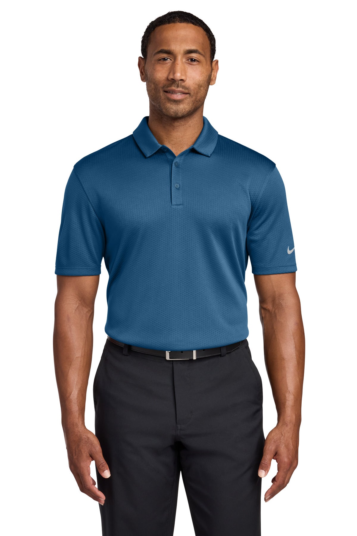 Custom Court Blue Dri-FIT Hex Textured Polo NKAH6266, personalized by SanCanDo Swag in Argyle, TX