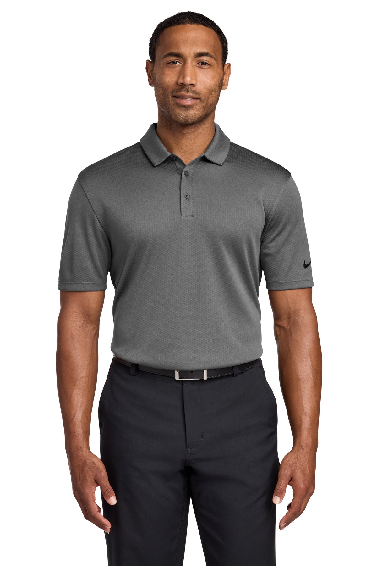 Custom Dark Grey Dri-FIT Hex Textured Polo NKAH6266, personalized by SanCanDo Swag in Argyle, TX