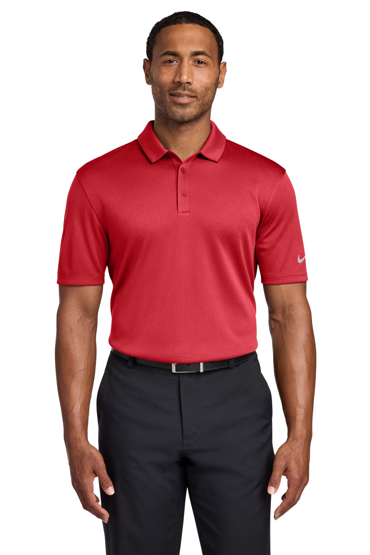 Custom Gym Red Dri-FIT Hex Textured Polo NKAH6266, personalized by SanCanDo Swag in Argyle, TX