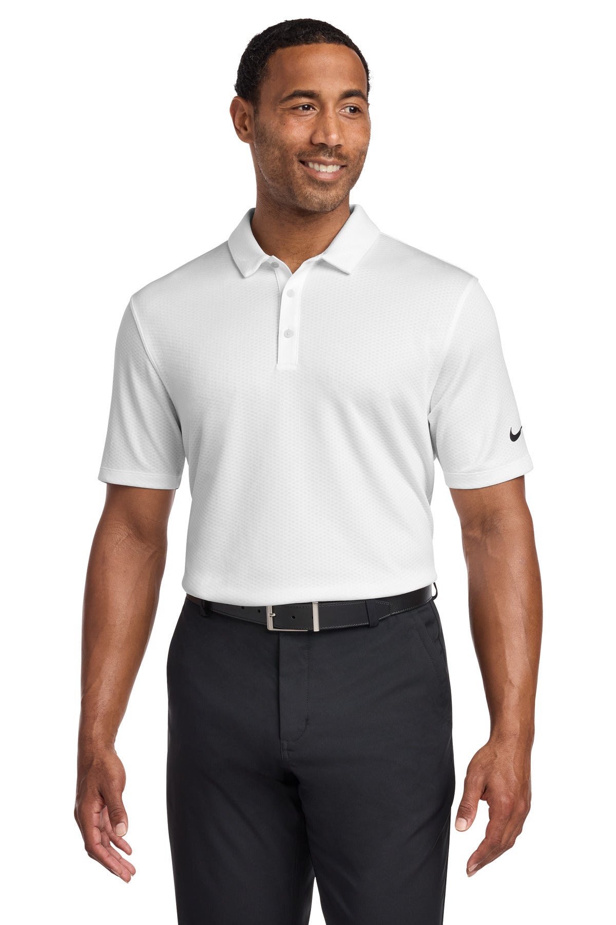 Custom White Dri-FIT Hex Textured Polo NKAH6266, personalized by SanCanDo Swag in Argyle, TX