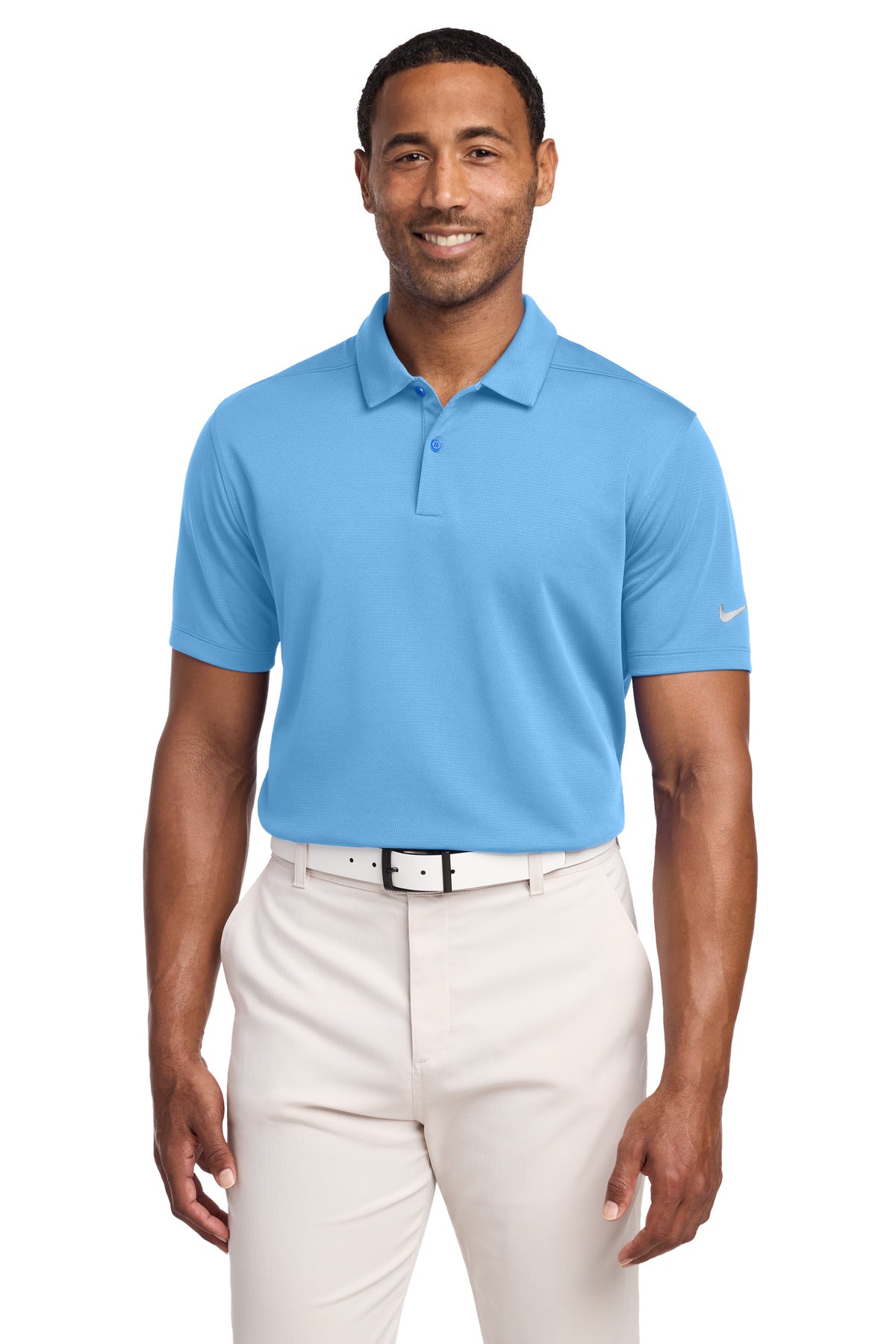 Custom University Blue Dry Essential Solid Polo NKBV6042, personalized by SanCanDo Swag in Argyle, TX
