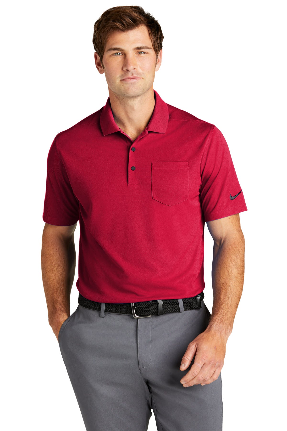 Custom University Red Dri-FIT Micro Pique 2.0 Pocket Polo NKDC2103, personalized by SanCanDo Swag in Argyle, TX