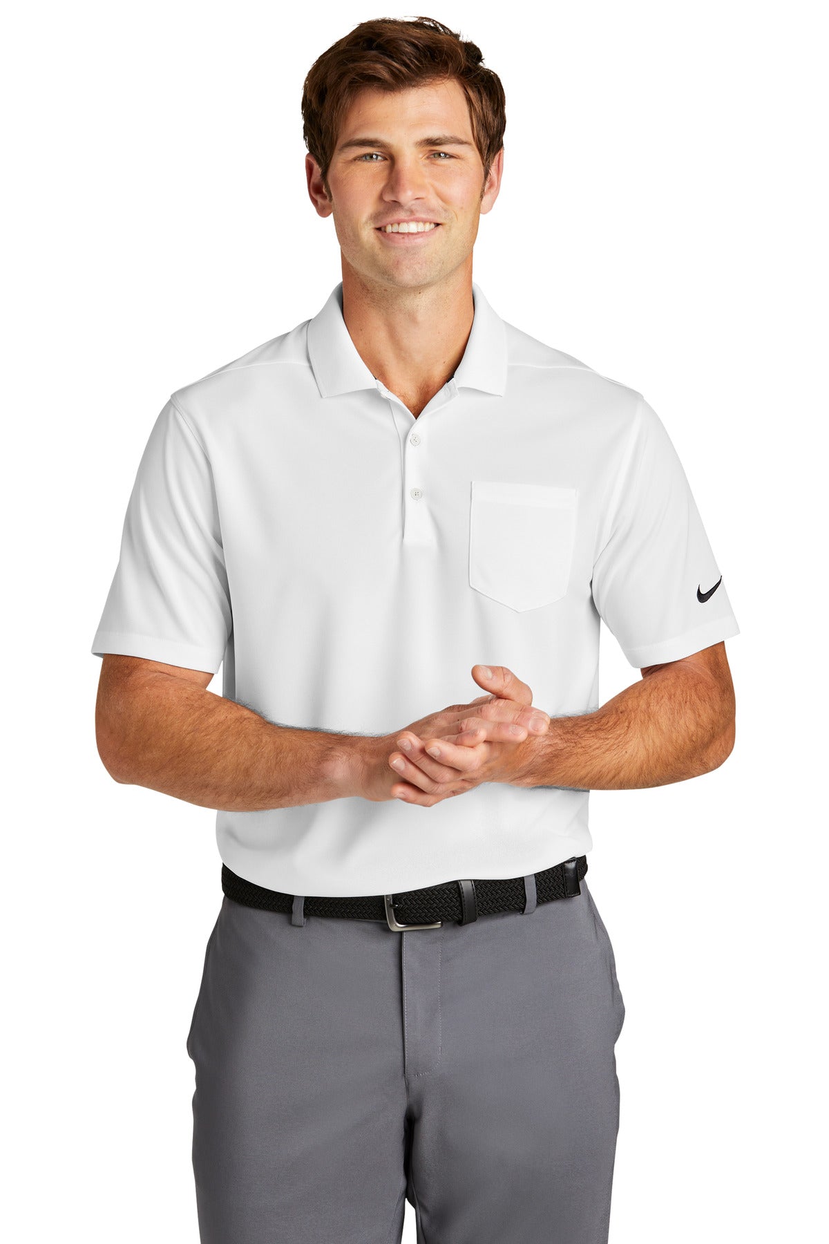 Custom White Dri-FIT Micro Pique 2.0 Pocket Polo NKDC2103, personalized by SanCanDo Swag in Argyle, TX