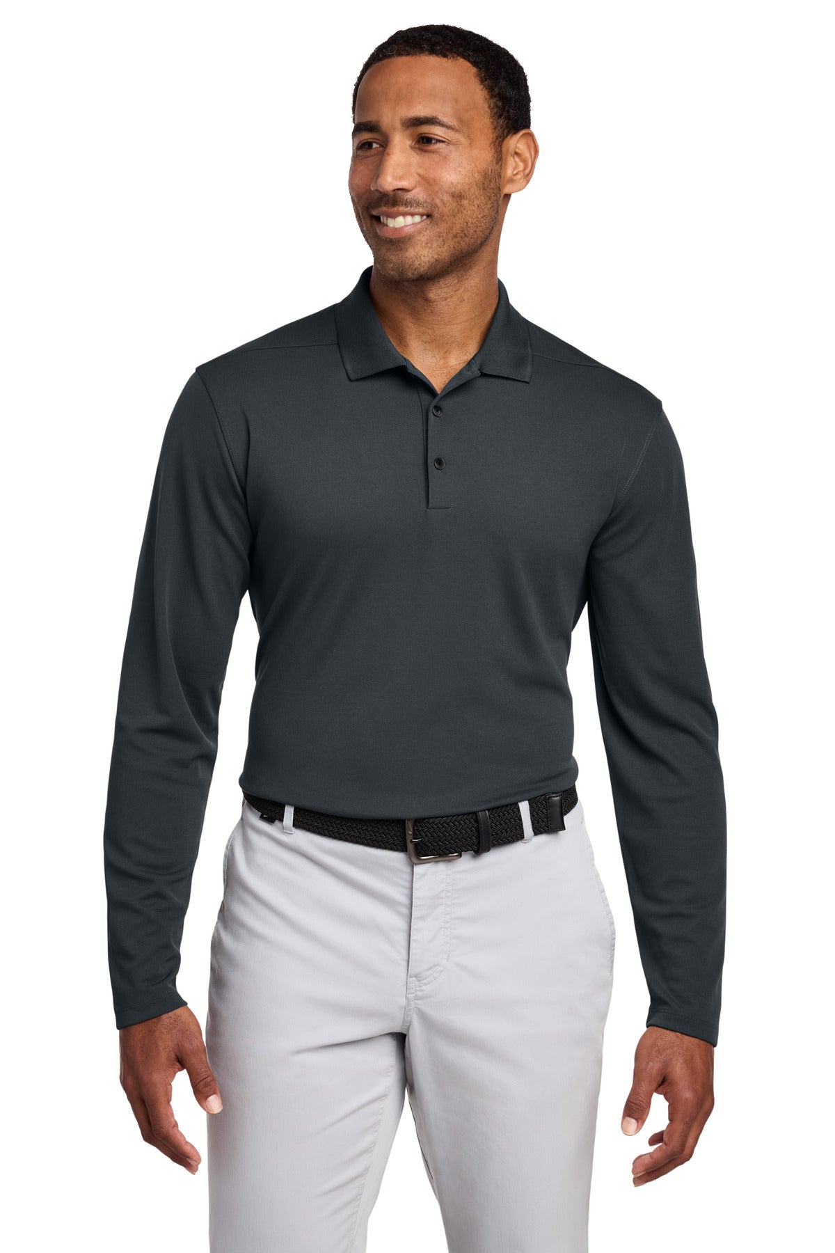 Custom Anthracite Dri-FIT Micro Pique 2.0 Long Sleeve Polo NKDC2104, personalized by SanCanDo Swag in Argyle, TX