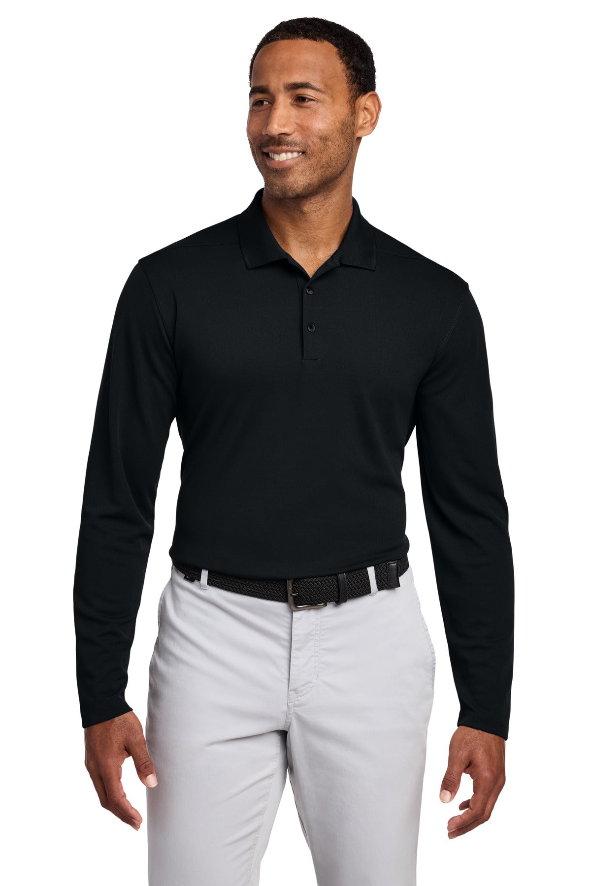 Custom Black Dri-FIT Micro Pique 2.0 Long Sleeve Polo NKDC2104, personalized by SanCanDo Swag in Argyle, TX