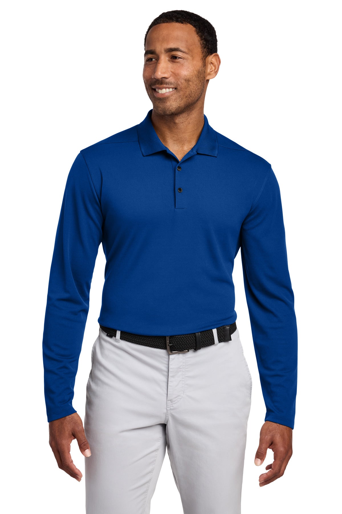 Custom Gym Blue Dri-FIT Micro Pique 2.0 Long Sleeve Polo NKDC2104, personalized by SanCanDo Swag in Argyle, TX