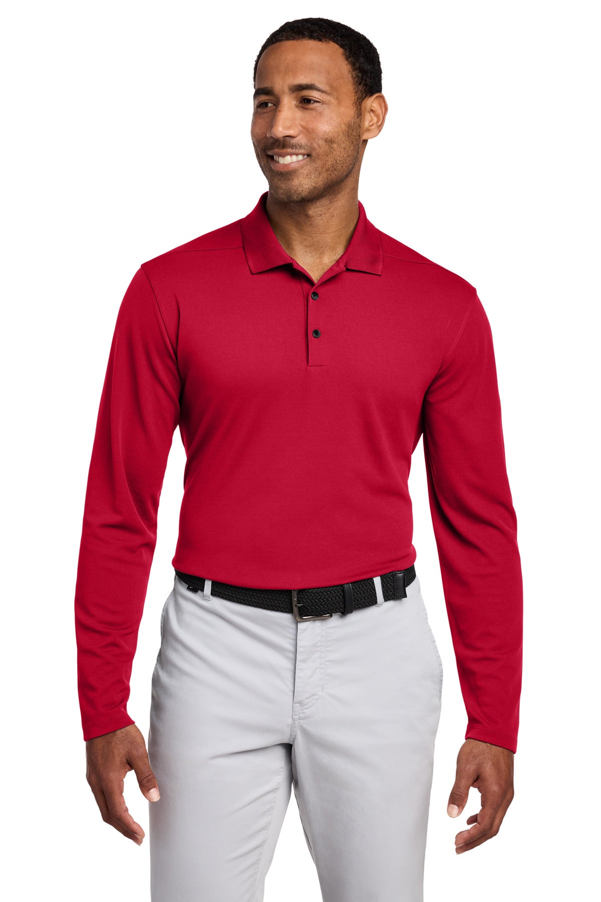 Custom University Red Dri-FIT Micro Pique 2.0 Long Sleeve Polo NKDC2104, personalized by SanCanDo Swag in Argyle, TX
