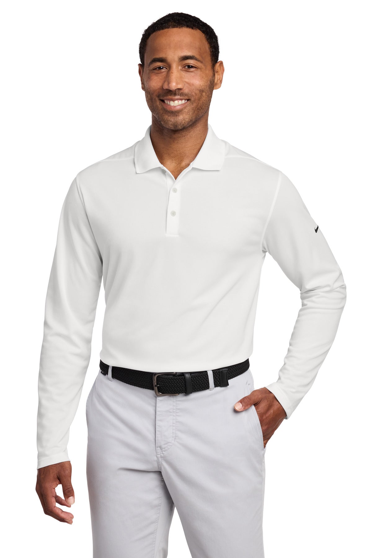 Custom White Dri-FIT Micro Pique 2.0 Long Sleeve Polo NKDC2104, personalized by SanCanDo Swag in Argyle, TX