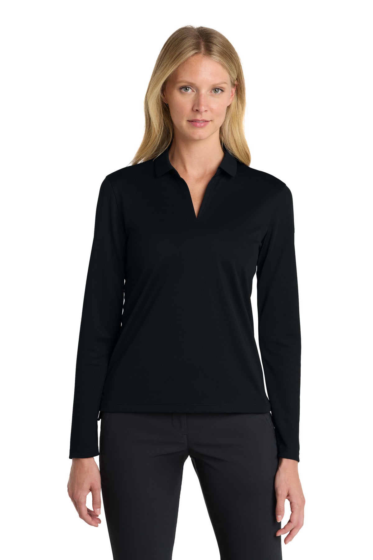 Custom Black Dri-FIT Micro Pique 2.0 Long Sleeve Polo NKDC2105, personalized by SanCanDo Swag in Argyle, TX