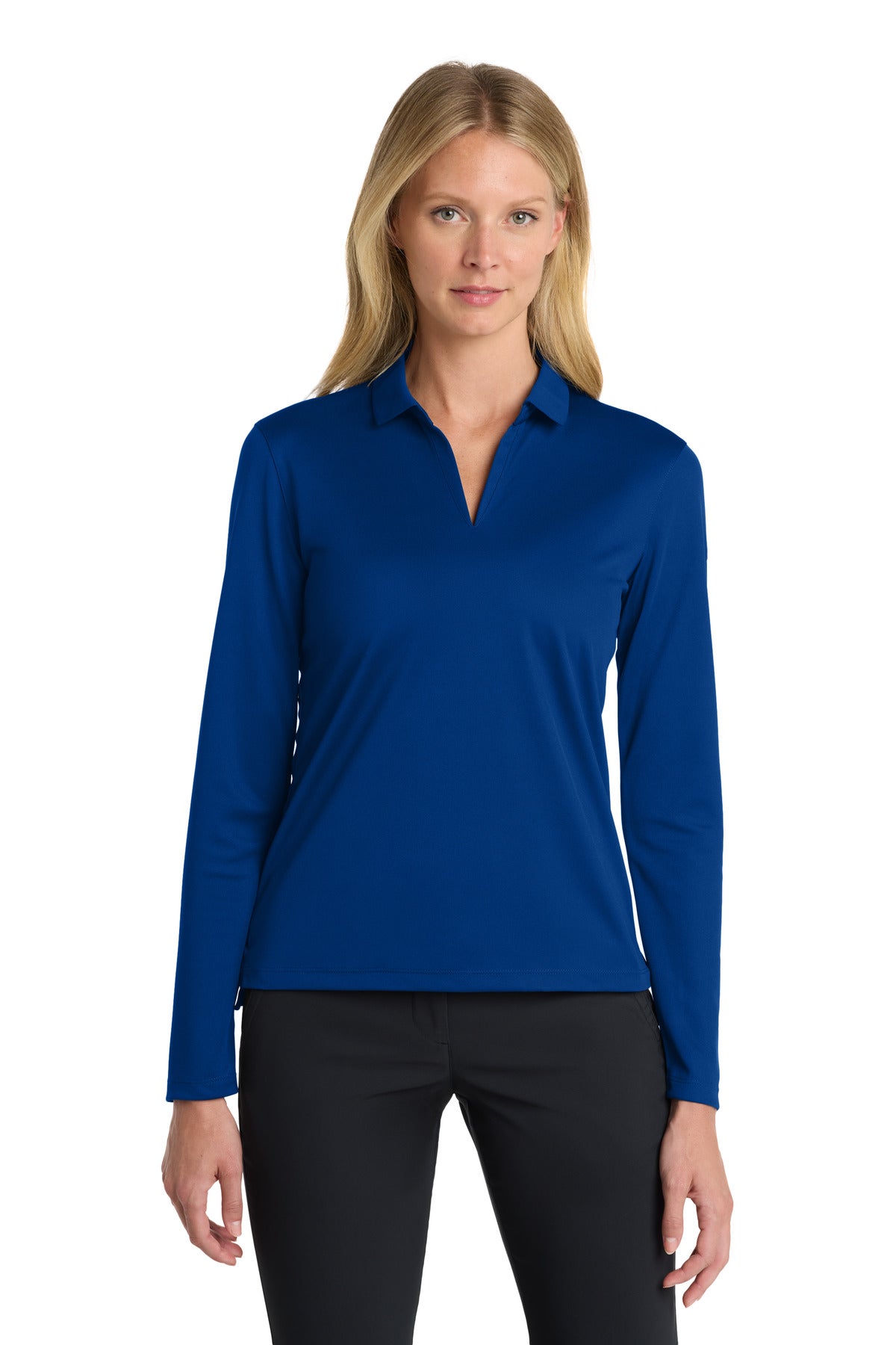 Custom Gym Blue Dri-FIT Micro Pique 2.0 Long Sleeve Polo NKDC2105, personalized by SanCanDo Swag in Argyle, TX