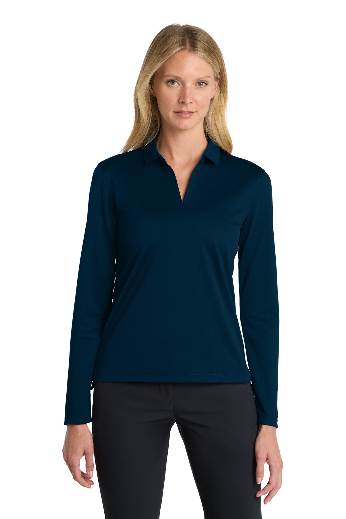 Custom Navy Dri-FIT Micro Pique 2.0 Long Sleeve Polo NKDC2105, personalized by SanCanDo Swag in Argyle, TX