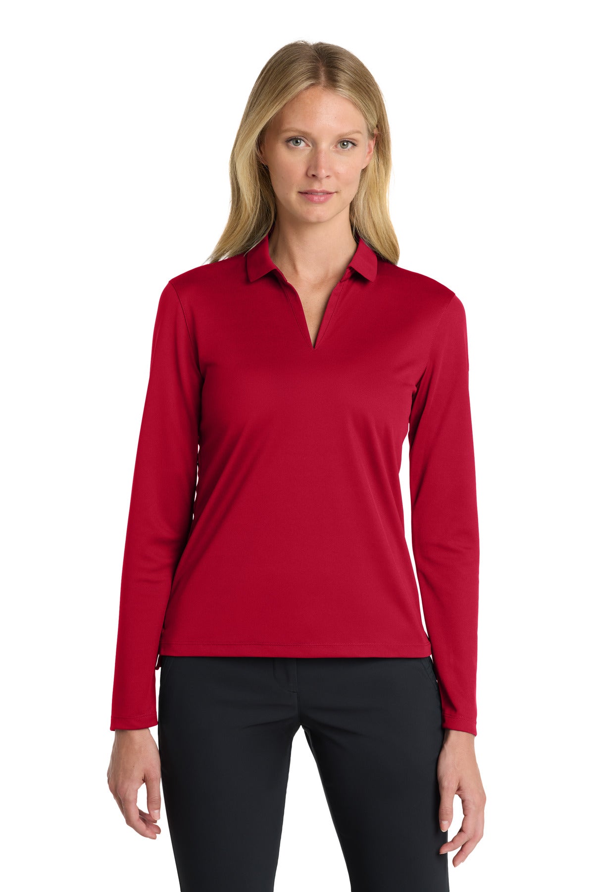 Custom University Red Dri-FIT Micro Pique 2.0 Long Sleeve Polo NKDC2105, personalized by SanCanDo Swag in Argyle, TX