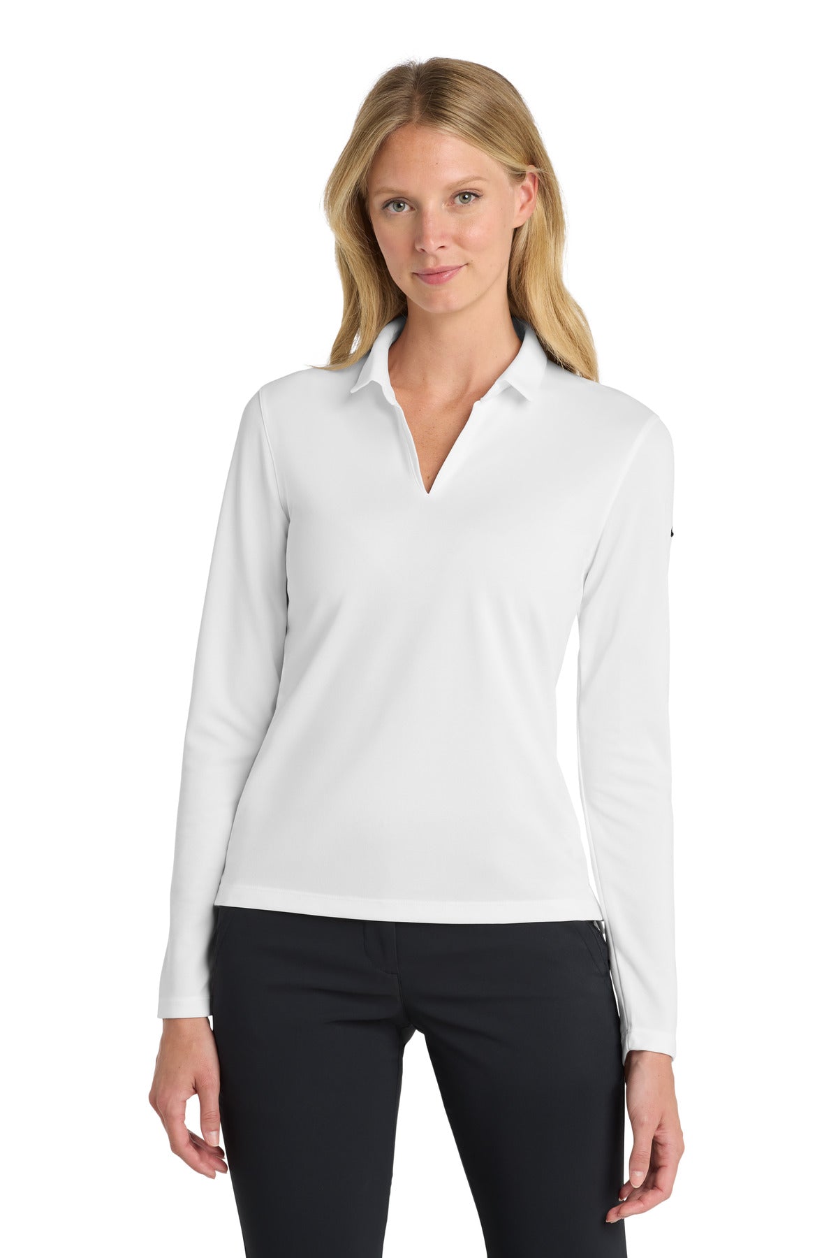 Custom White Dri-FIT Micro Pique 2.0 Long Sleeve Polo NKDC2105, personalized by SanCanDo Swag in Argyle, TX