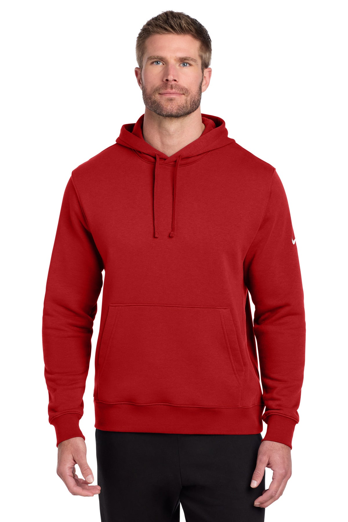 Custom University Red Club Fleece Sleeve Swoosh Pullover Hoodie NKDR1499, personalized by SanCanDo Swag in Argyle, TX