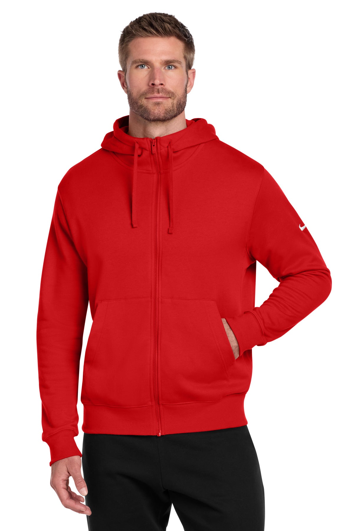 Custom University Red Club Fleece Sleeve Swoosh Full-Zip Hoodie NKDR1513, personalized by SanCanDo Swag in Argyle, TX