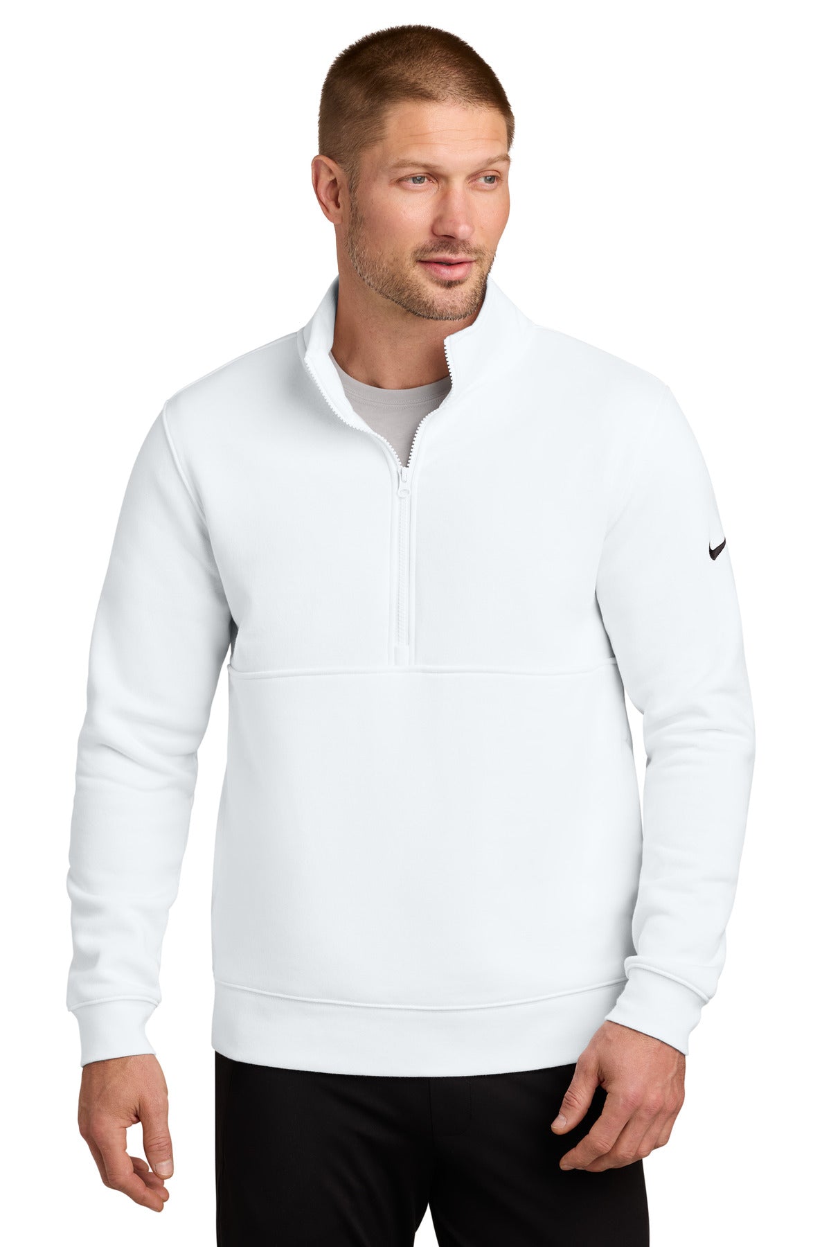 Custom Nike Club Fleece Sleeve Swoosh 1/2-Zip NKDX6718 in White, personalized by SanCanDo Swag in Argyle, TX