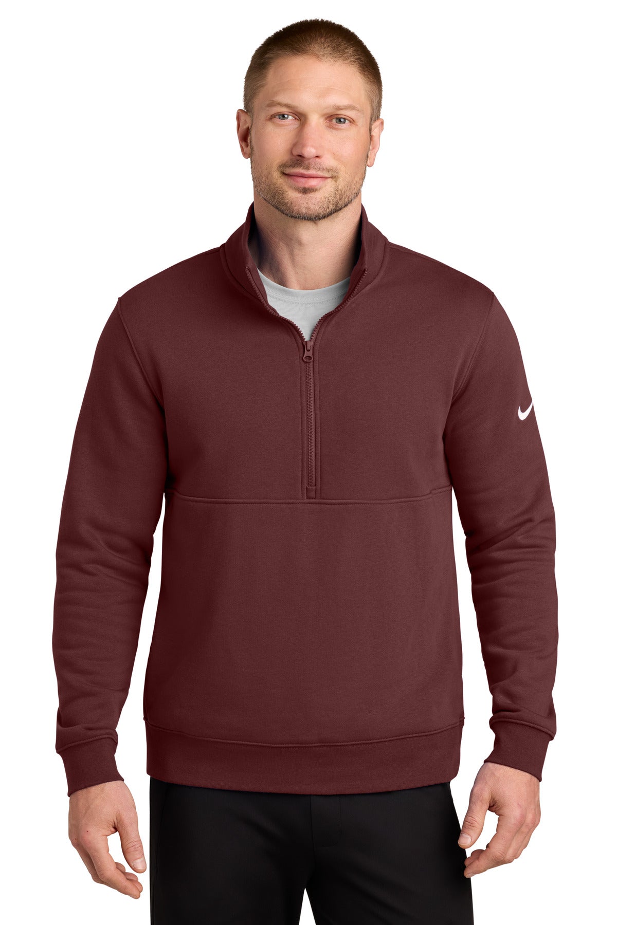 Custom Nike Club Fleece Sleeve Swoosh 1/2-Zip NKDX6718 in Dark Team Red, personalized by SanCanDo Swag in Argyle, TX