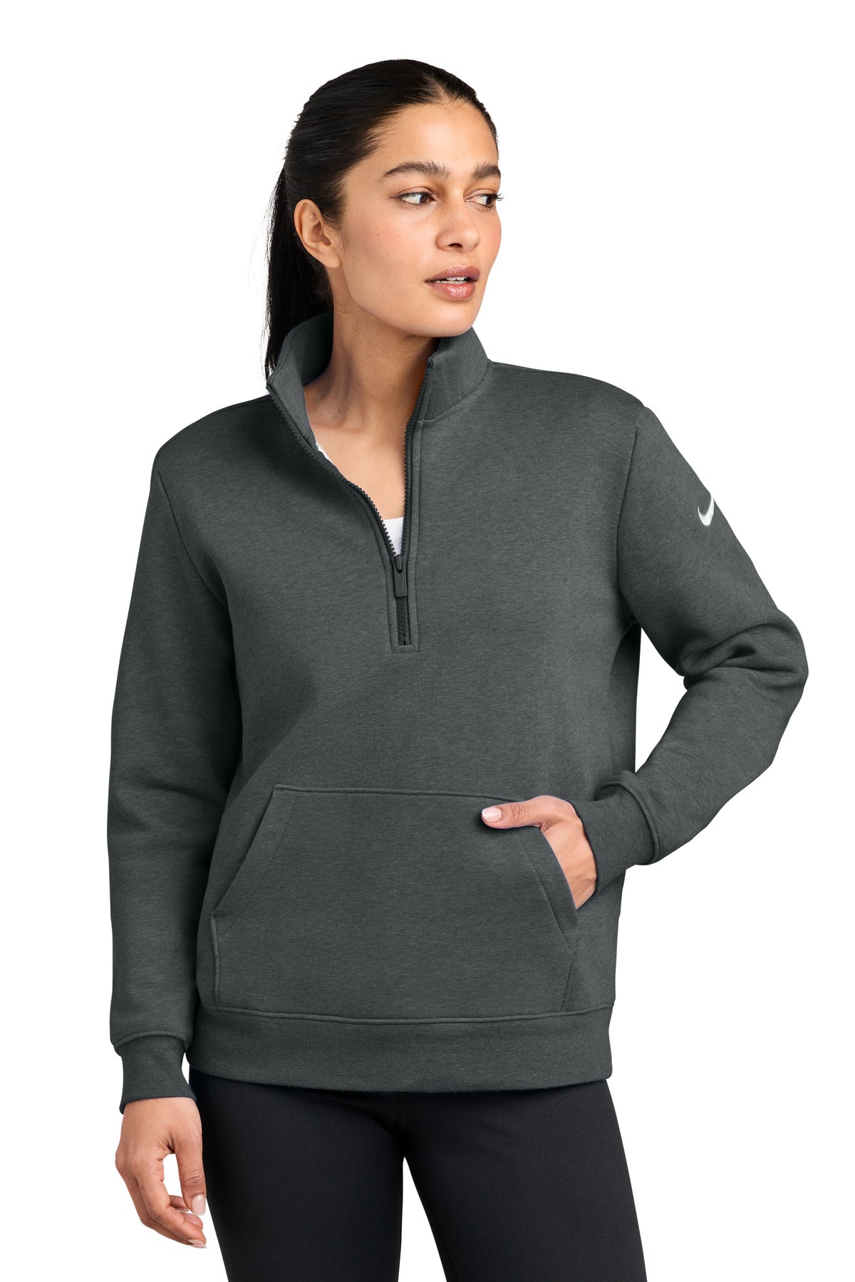 Custom Charcoal Heather Club Fleece Sleeve Swoosh 1/2-Zip NKDX6720, personalized by SanCanDo Swag in Argyle, TX