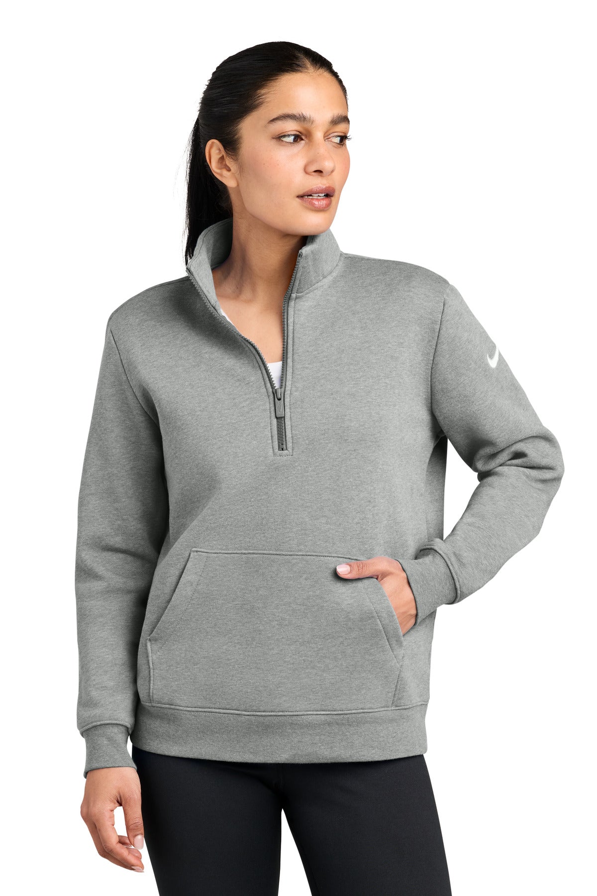 Custom Dark Grey Heather Club Fleece Sleeve Swoosh 1/2-Zip NKDX6720, personalized by SanCanDo Swag in Argyle, TX