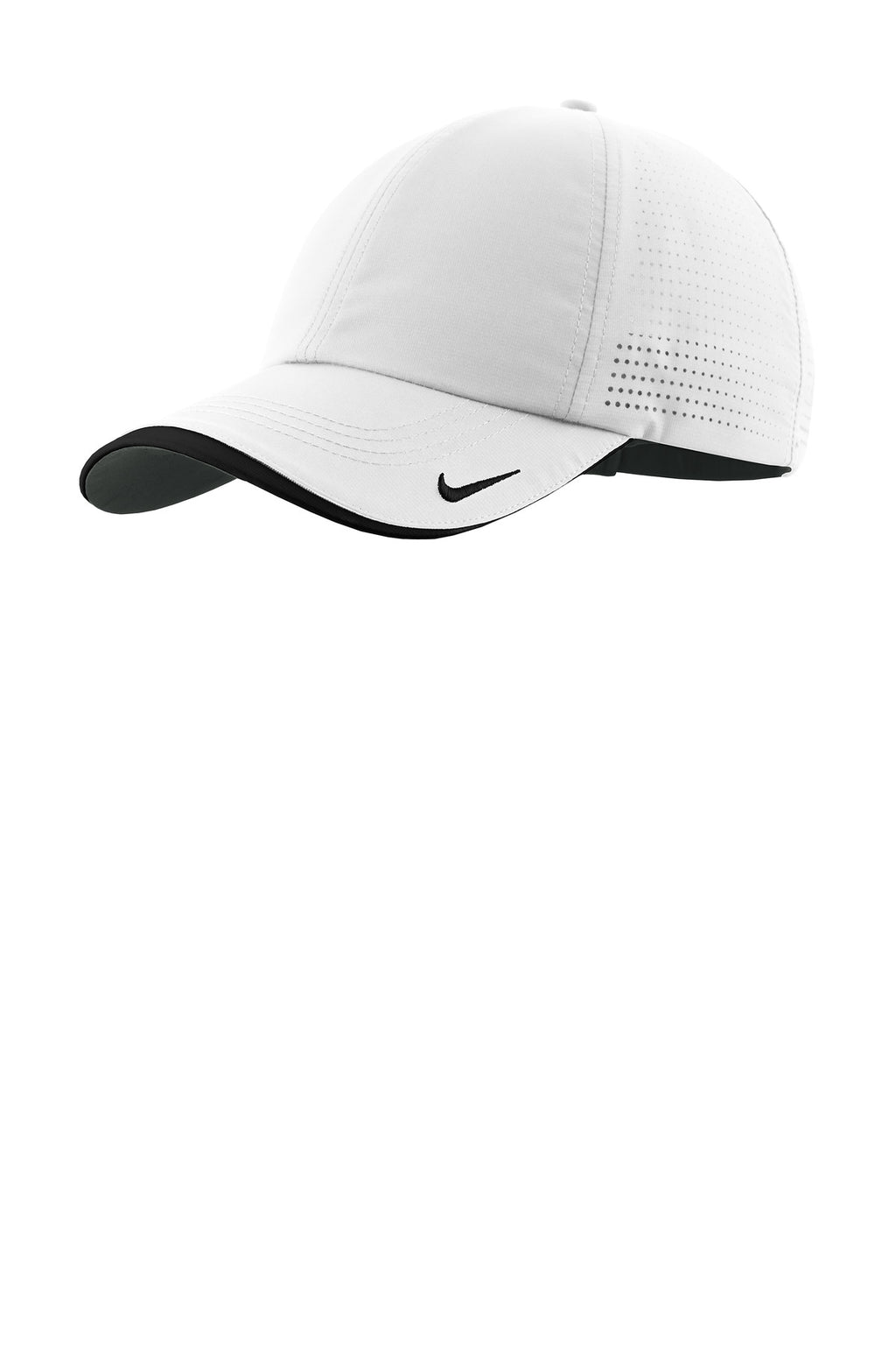 Custom White/ Black Dri-FIT Perforated Performance Cap NKFB6445, personalized by SanCanDo Swag in Argyle, TX