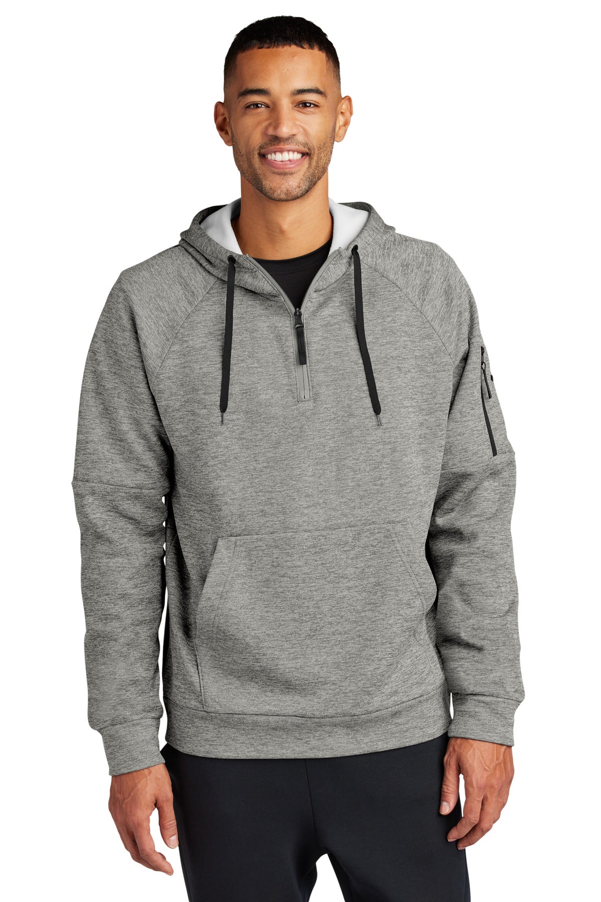 Custom Dark Grey Heather Therma-FIT Pocket 1/4-Zip Fleece Hoodie NKFD9742, personalized by SanCanDo Swag in Argyle, TX
