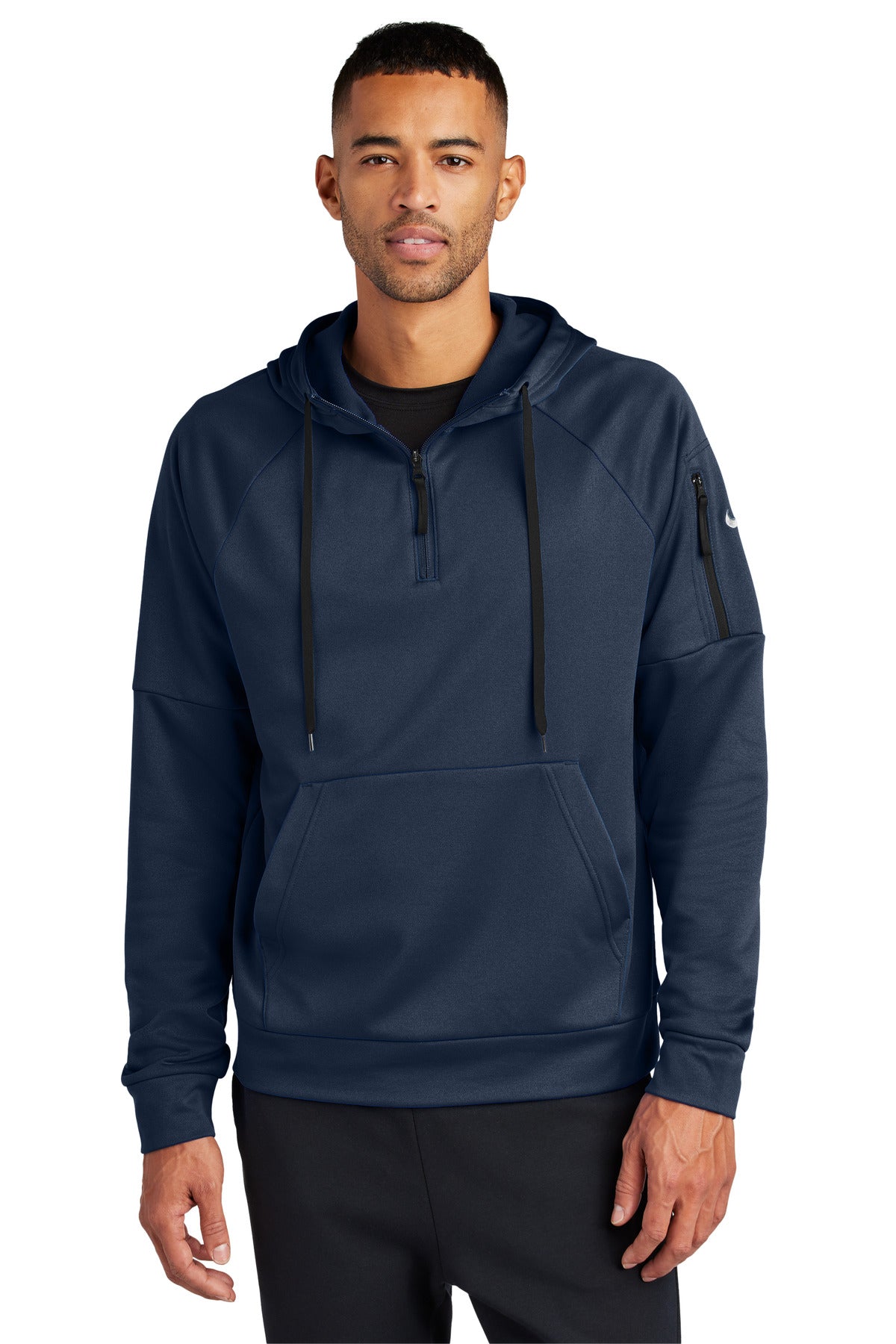 Custom Navy Therma-FIT Pocket 1/4-Zip Fleece Hoodie NKFD9742, personalized by SanCanDo Swag in Argyle, TX