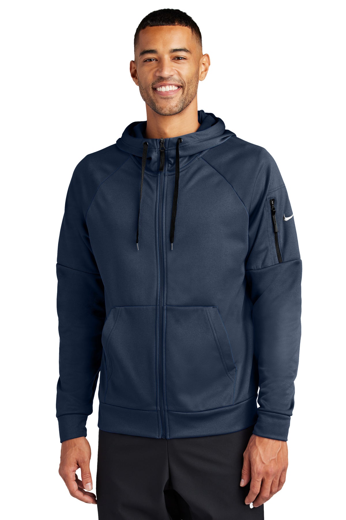 Custom Navy Therma-FIT Pocket Full-Zip Fleece Hoodie NKFD9859, personalized by SanCanDo Swag in Argyle, TX