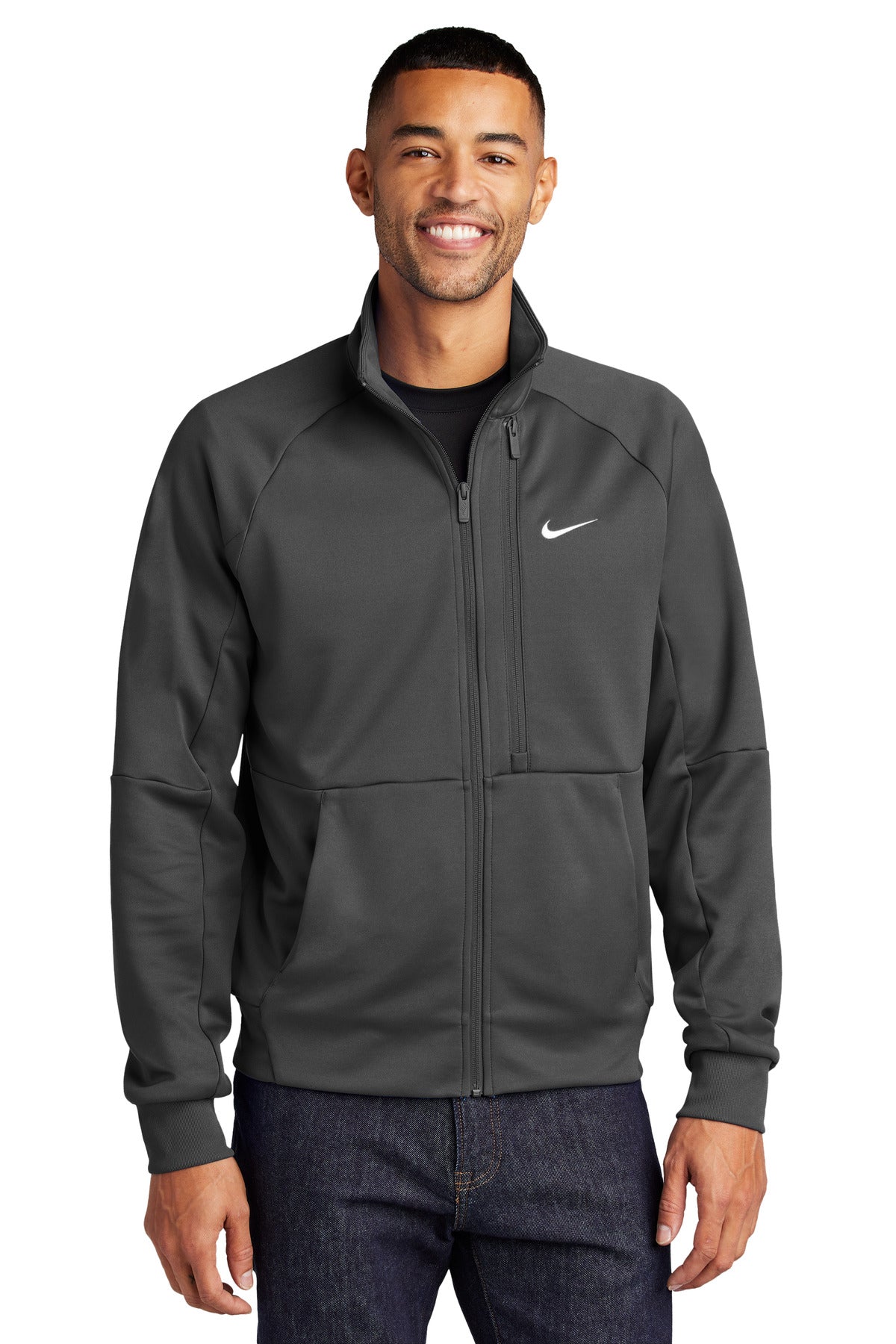 Custom Anthracite Full-Zip Chest Swoosh Jacket NKFD9891, personalized by SanCanDo Swag in Argyle, TX