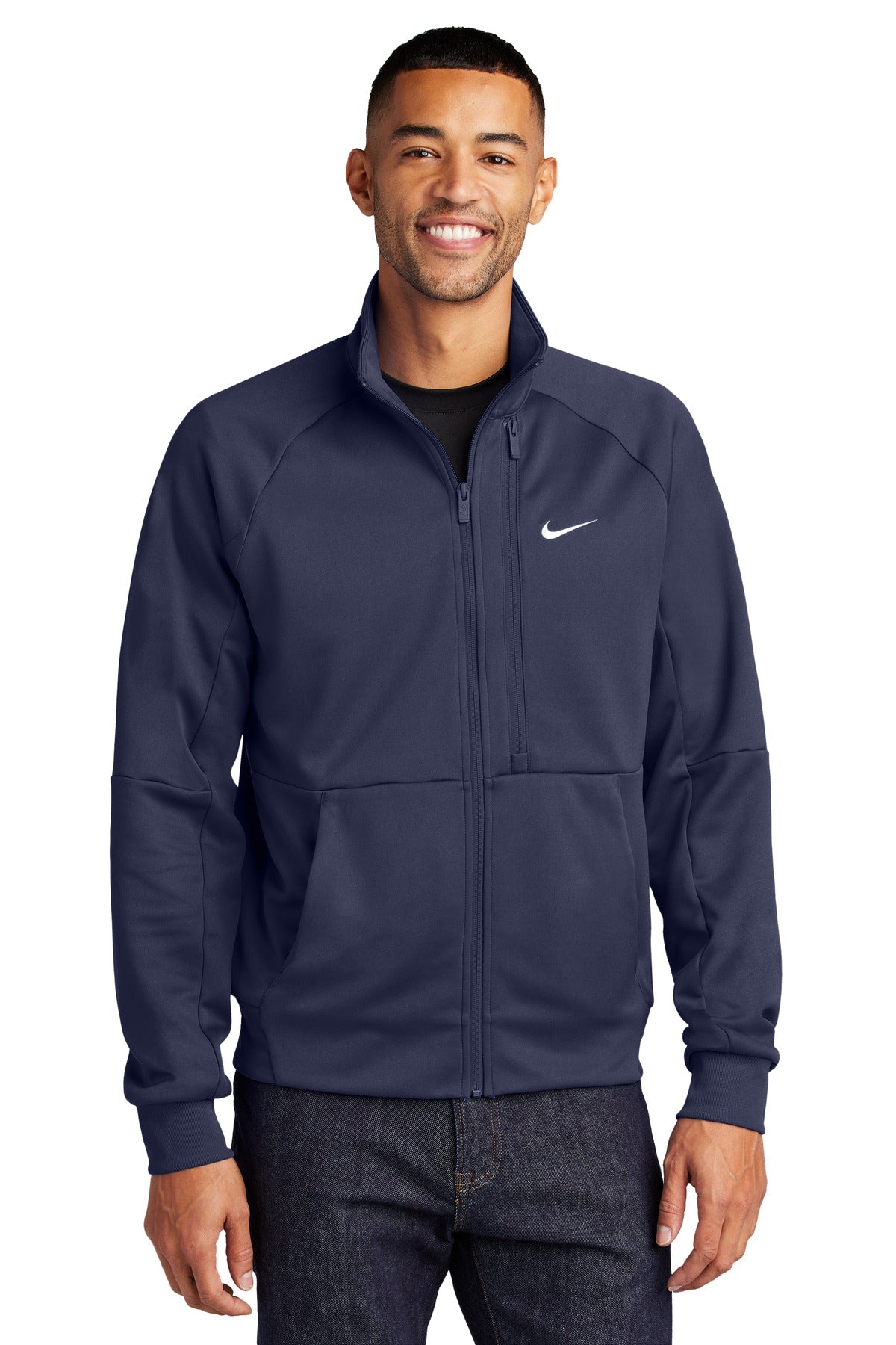 Custom Midnight Navy Full-Zip Chest Swoosh Jacket NKFD9891, personalized by SanCanDo Swag in Argyle, TX
