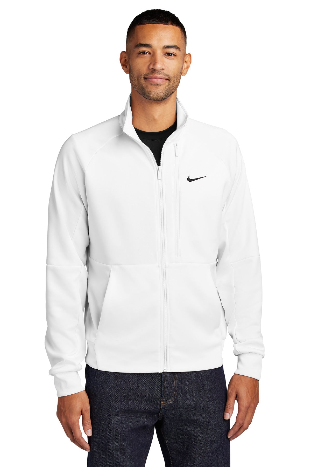 Custom White Full-Zip Chest Swoosh Jacket NKFD9891, personalized by SanCanDo Swag in Argyle, TX