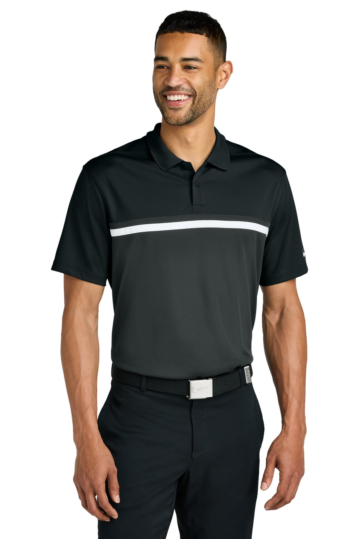 Custom Black/ Anthracite/ White Dri-FIT Victory Colorblock Polo NKFQ3968, personalized by SanCanDo Swag in Argyle, TX