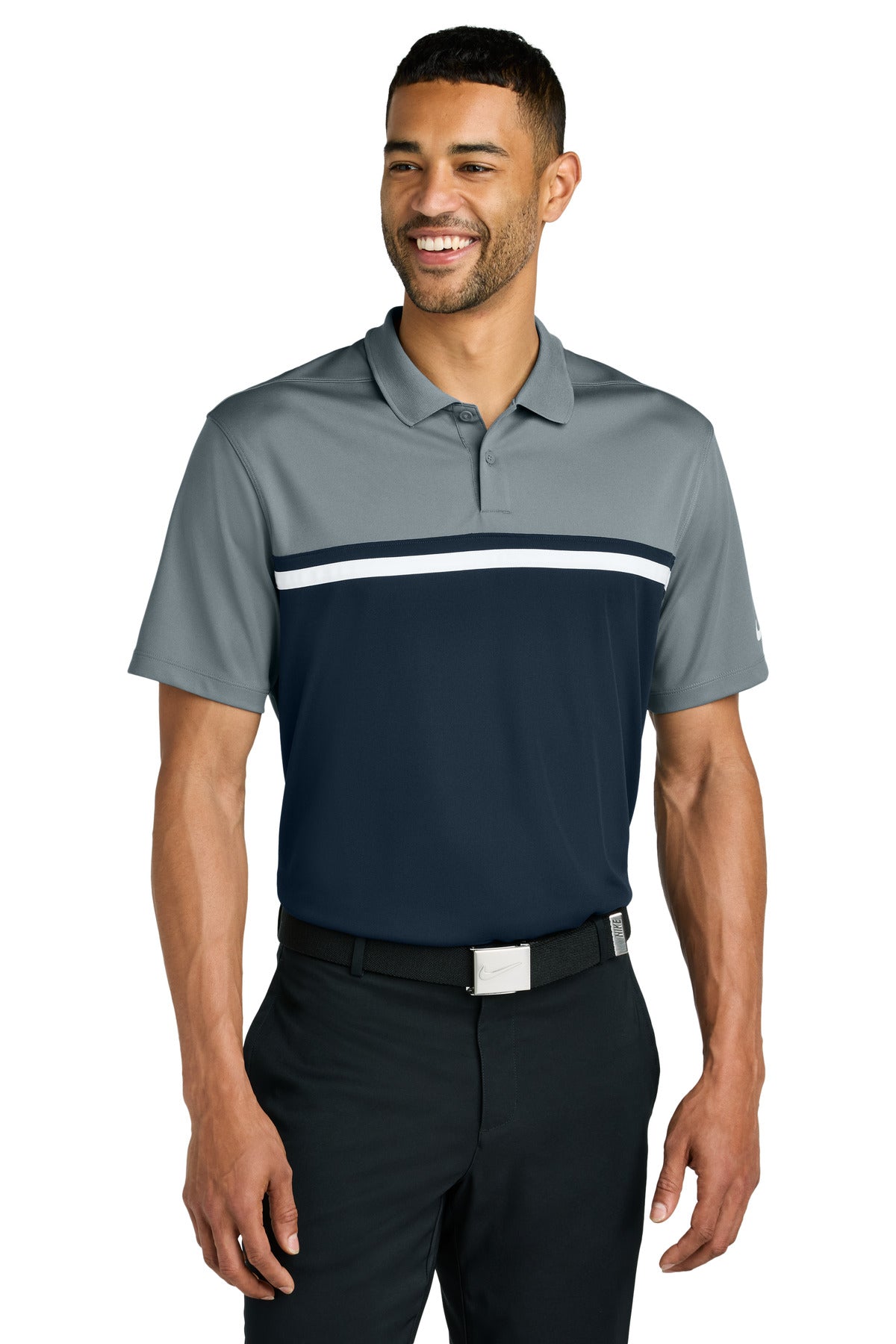 Custom Cool Grey/ Navy/ White Dri-FIT Victory Colorblock Polo NKFQ3968, personalized by SanCanDo Swag in Argyle, TX