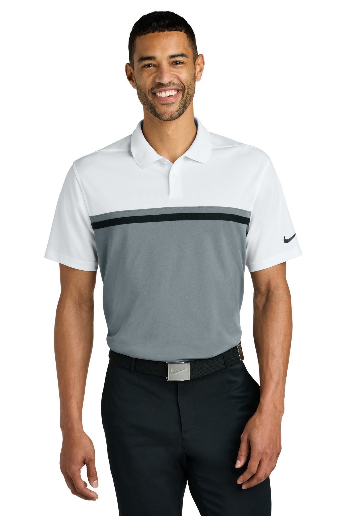 Custom White/ Cool Grey/ Black Dri-FIT Victory Colorblock Polo NKFQ3968, personalized by SanCanDo Swag in Argyle, TX