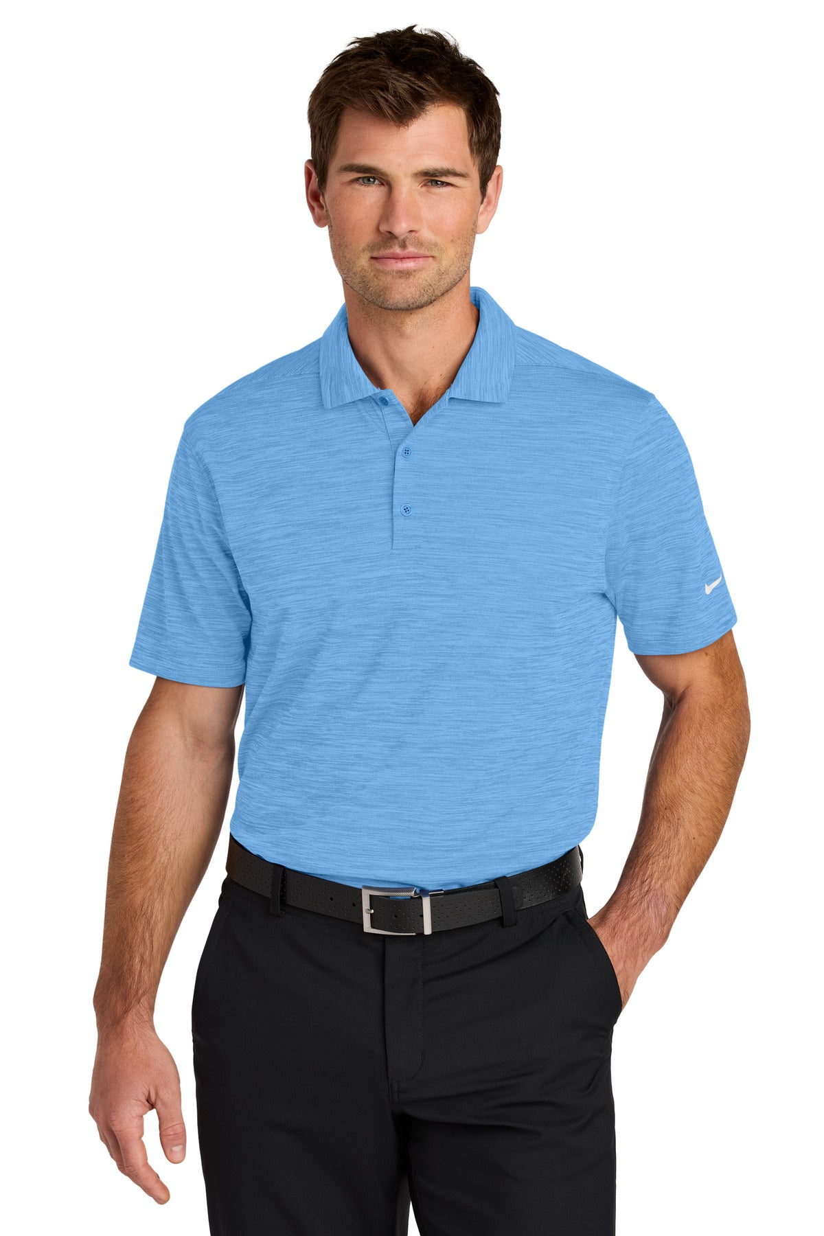 Custom University Blue Dri-FIT Striated Polo NKFQ4792, personalized by SanCanDo Swag in Argyle, TX