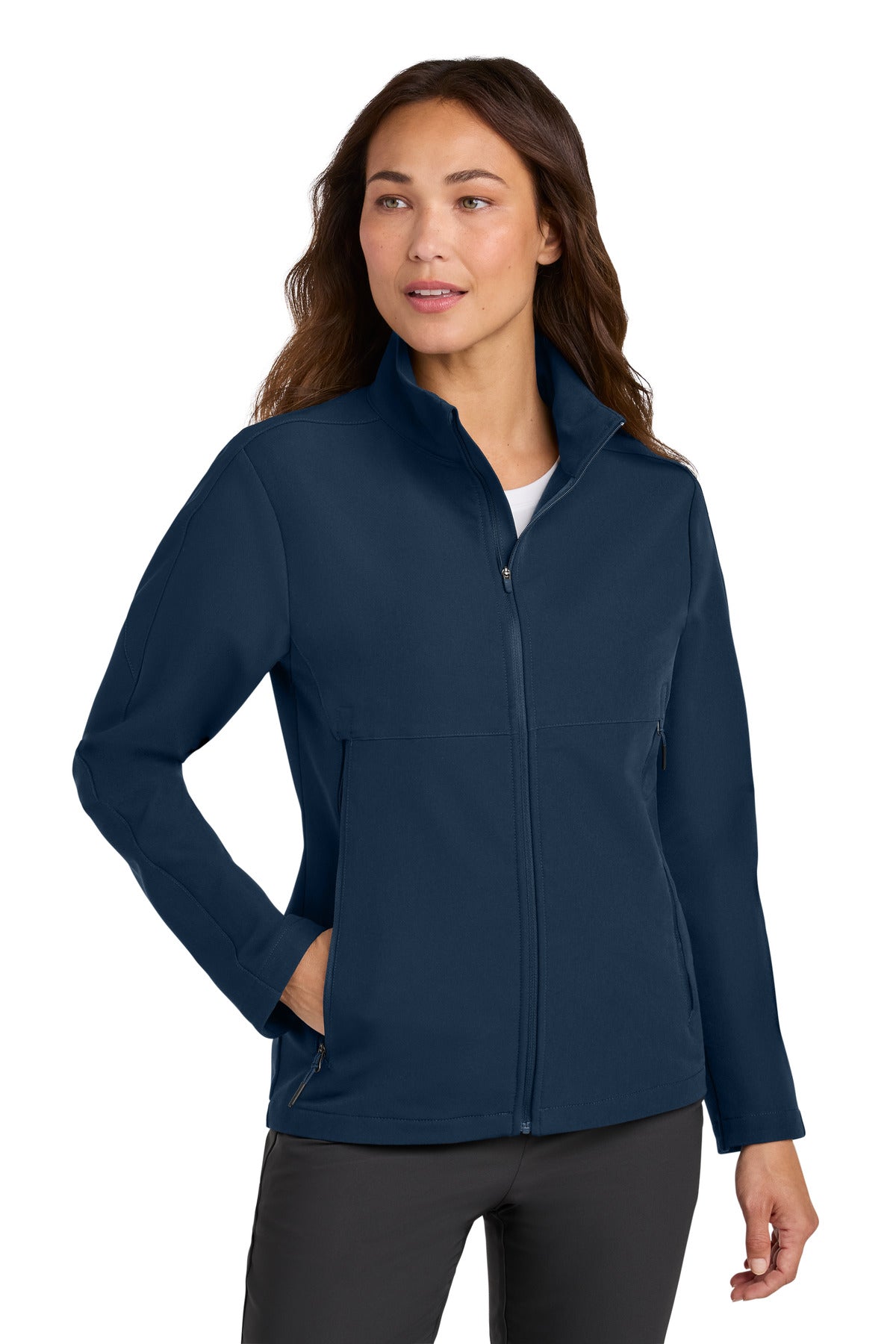 Custom Navy Women's Full-Zip Soft Shell Jacket NKHM7937, personalized by SanCanDo Swag in Argyle, TX