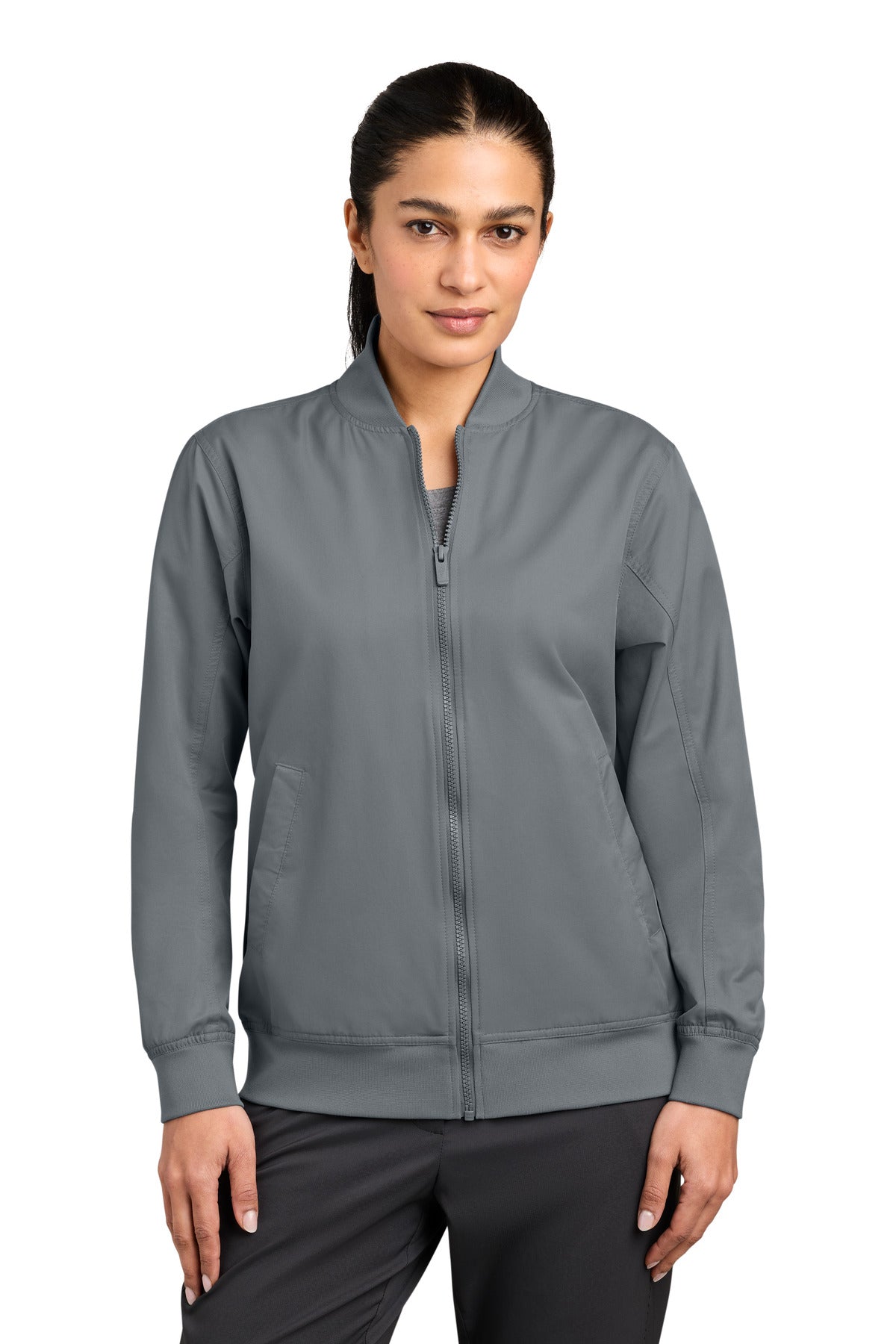 Custom Cool Grey Women's Bomber Jacket NKIO8132, personalized by SanCanDo Swag in Argyle, TX