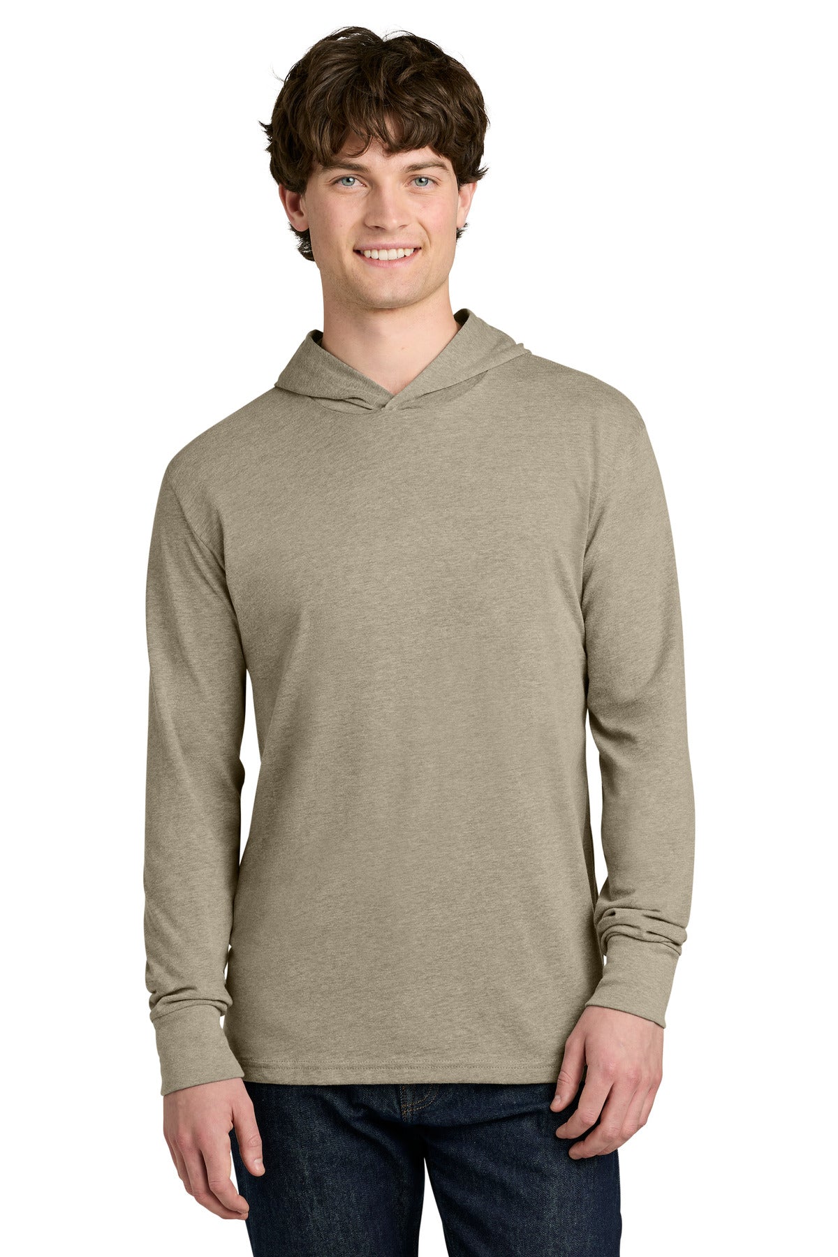 Custom Heather Tan CVC Long Sleeve Hoodie NL6221, personalized by SanCanDo Swag in Argyle, TX