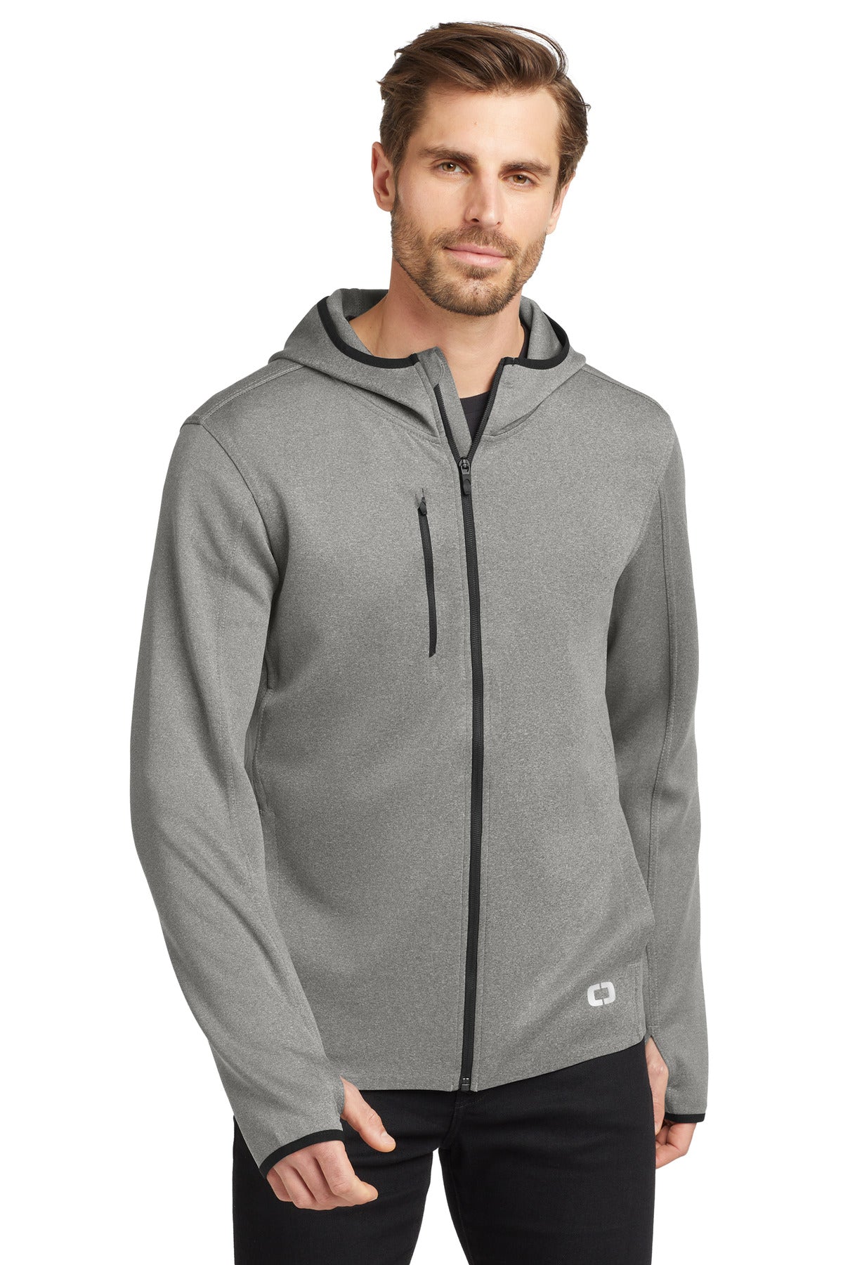 Custom Heather Grey Stealth Full-Zip Jacket OE728, personalized by SanCanDo Swag in Argyle, TX