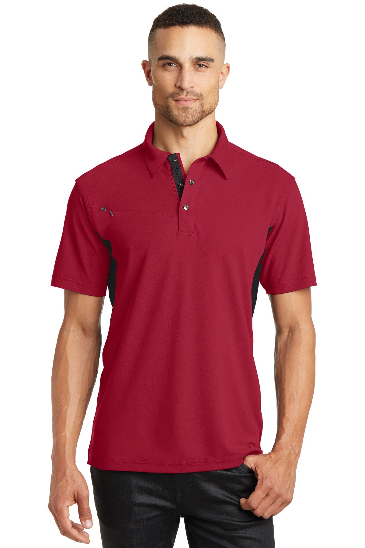 Custom Signal Red/ Blacktop Accelerator Polo OG102, personalized by SanCanDo Swag in Argyle, TX