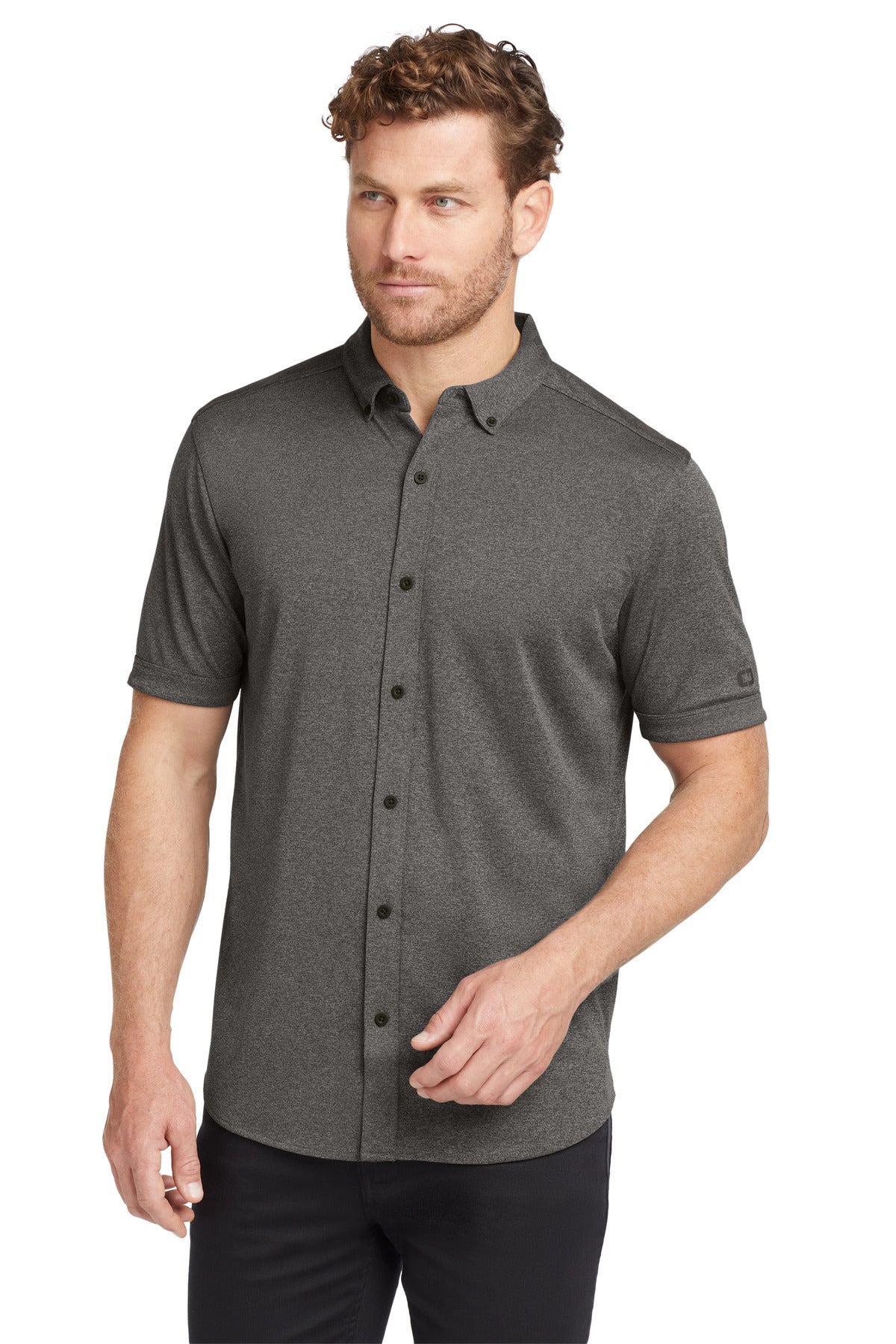 Custom Dark Heather Grey Gravitate Full-Button Polo OG141, personalized by SanCanDo Swag in Argyle, TX