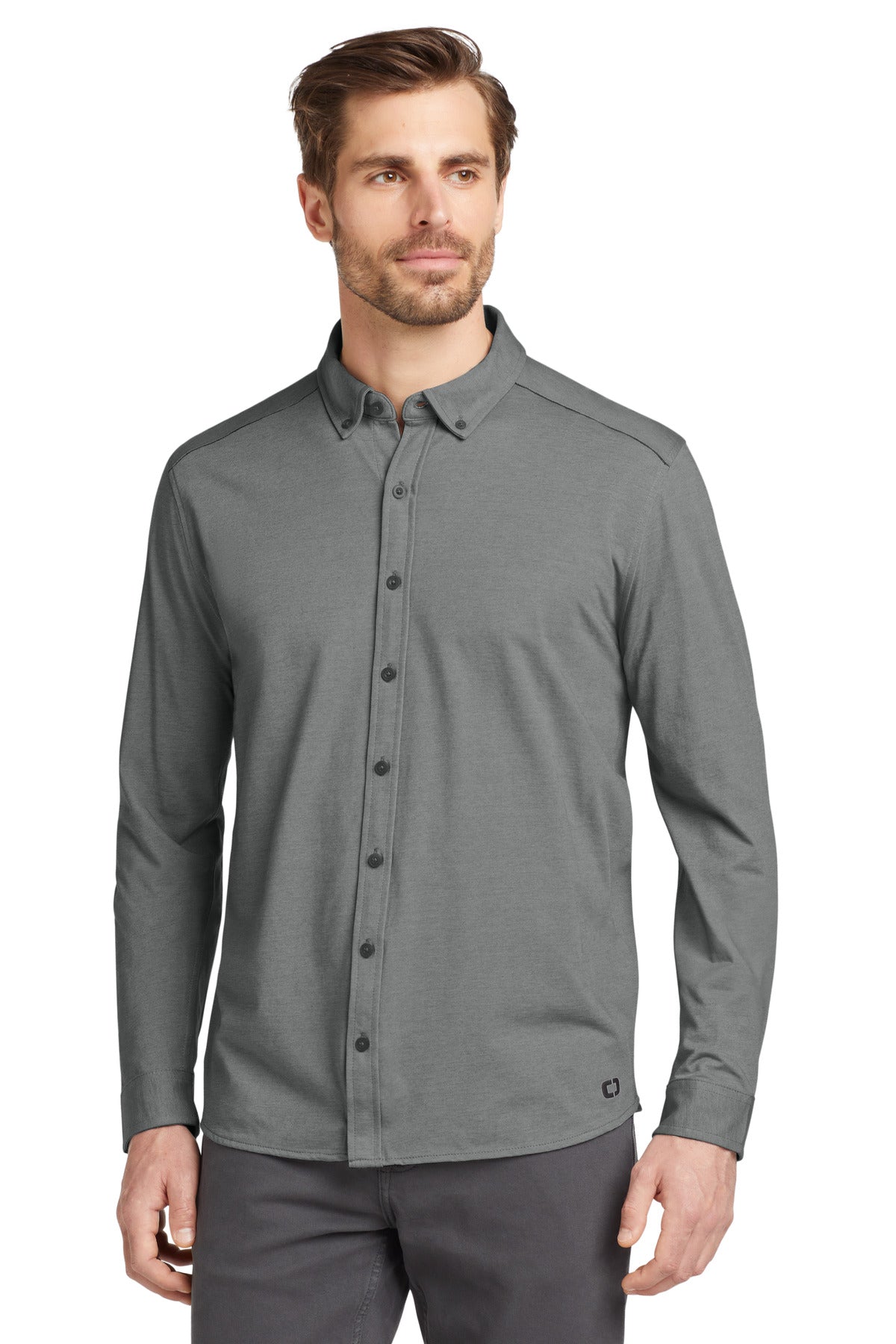 Custom Tarmac Grey Heather Code Stretch Long Sleeve Button-Up OG145, personalized by SanCanDo Swag in Argyle, TX