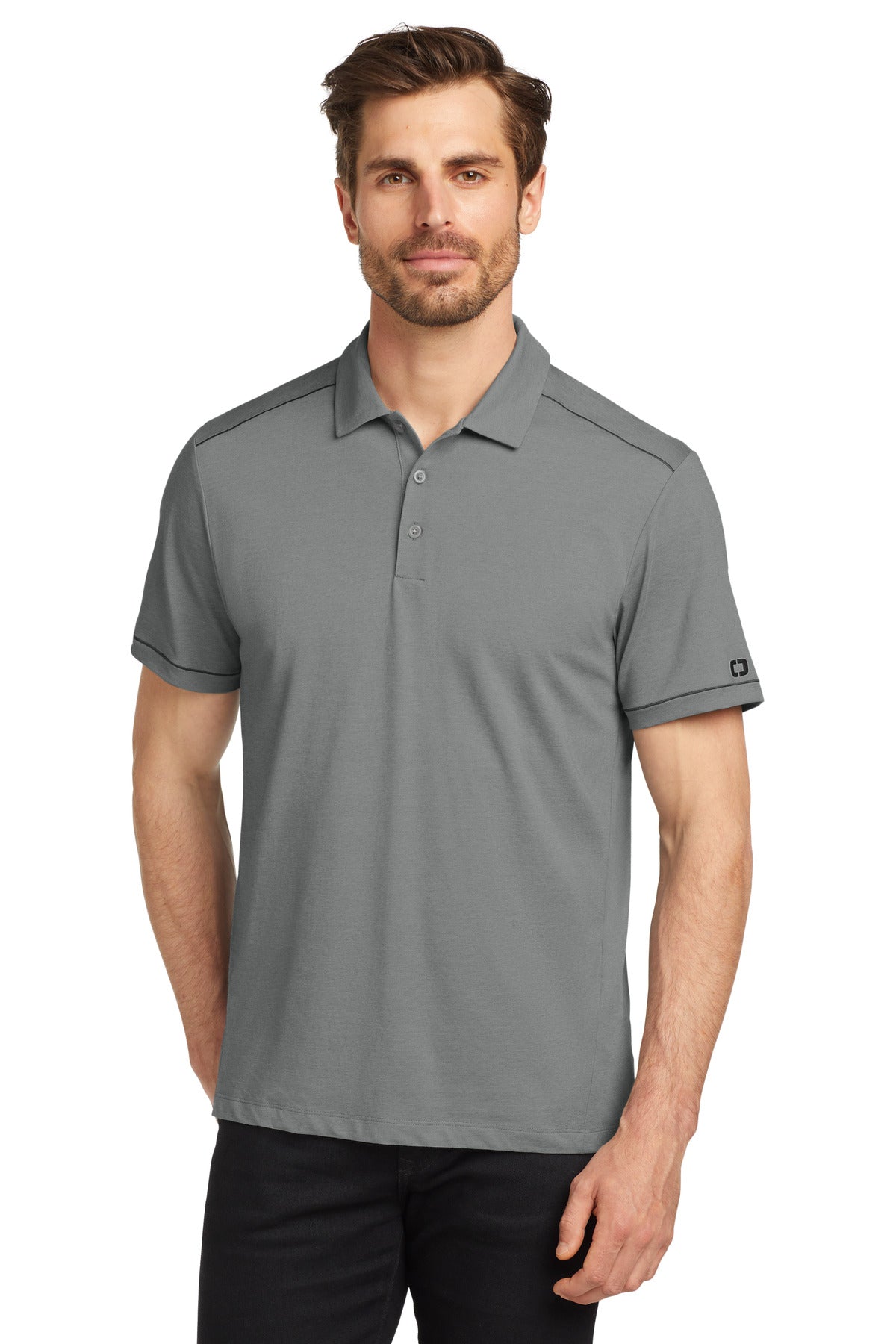 Custom Tarmac Grey Heather Code Stretch Polo OG146, personalized by SanCanDo Swag in Argyle, TX
